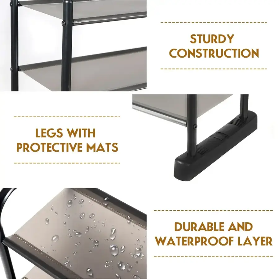 The text on the image is grouped as follows:

1. Sturdy construction: This refers to the legs of the shelf, which provide stability and support.
2. Protective mats: These mats are placed on the legs to protect the floor from scratches or damage caused by the shelf.
3. Durable and waterproof layer: This refers to the material used for the shelf's surface, which is designed to be durable and resistant to water, ensuring that the items stored on the shelf remain safe and dry.