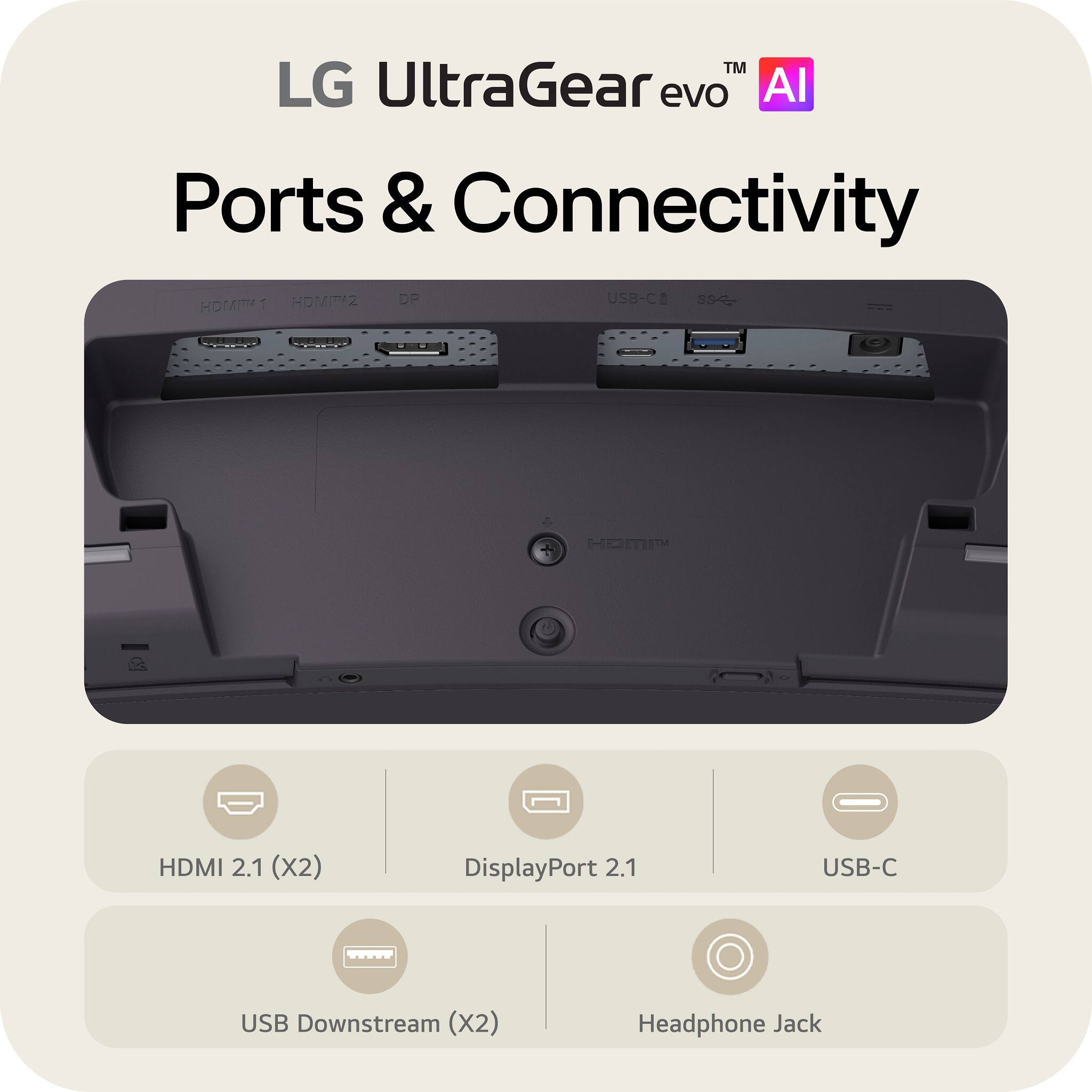 LG UltraGear evo AI  
Ports & Connectivity  
- HDMI 2.1 (x2)  
- DisplayPort 2.1  
- USB-C  
- USB Downstream (x2)  
- Headphone Jack