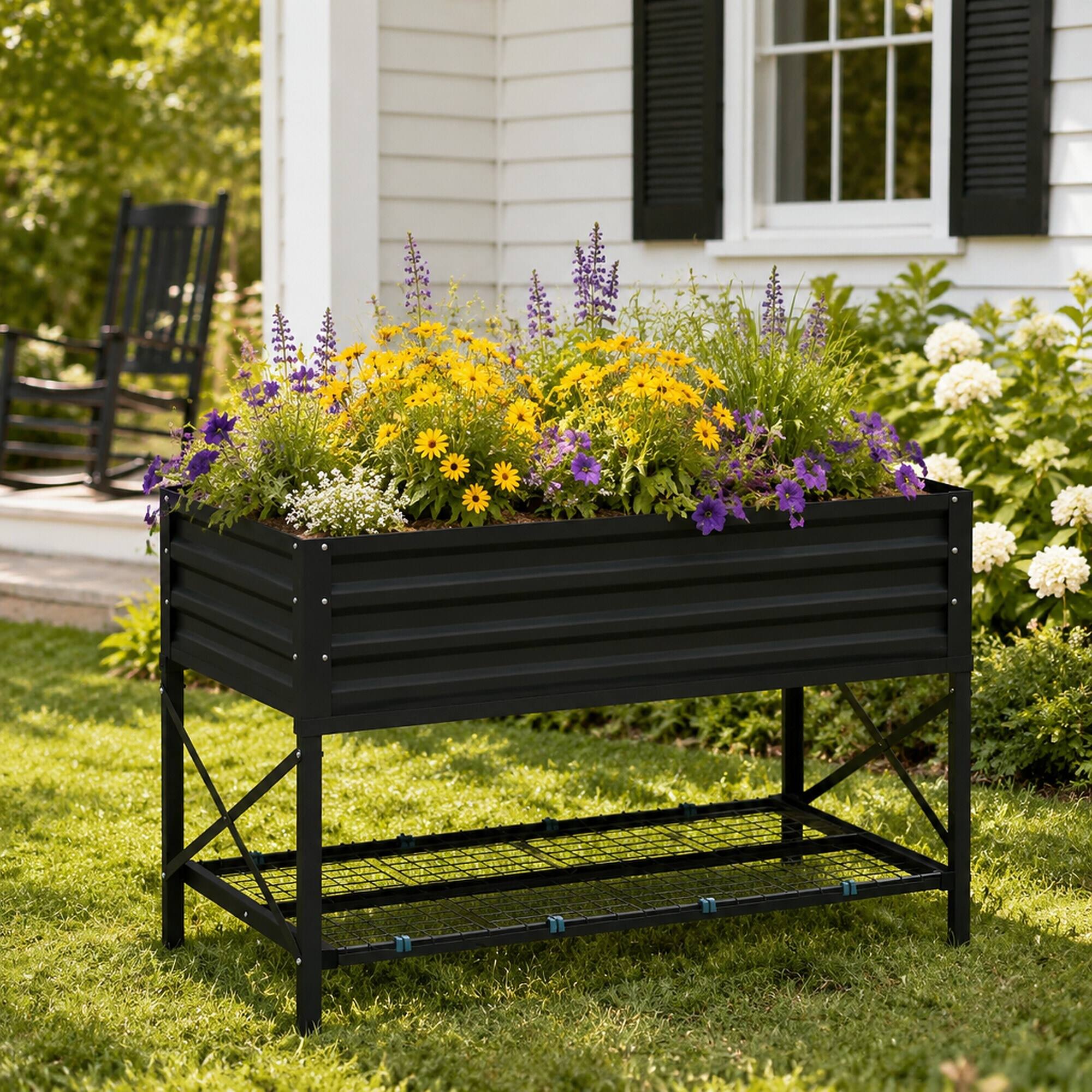 Angle. RYHNUYNE - Galvanized Elevated Garden Bed with Storage Shelf, 41.75 Inch Metal Raised Planter Box with Non-Woven Liner - Dark Gray.