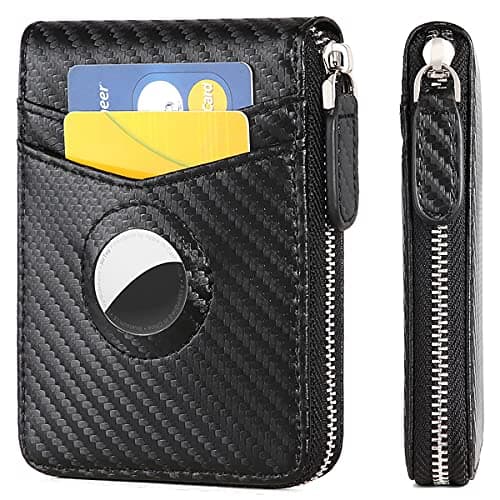 Vulpecula Spade - AirTag Wallet, Mens Wallet Zipper RFID Slim Leather RFID Credit Card Wallet with Built-in Case Holder for Apple AirTag - Carbon Fiber Black