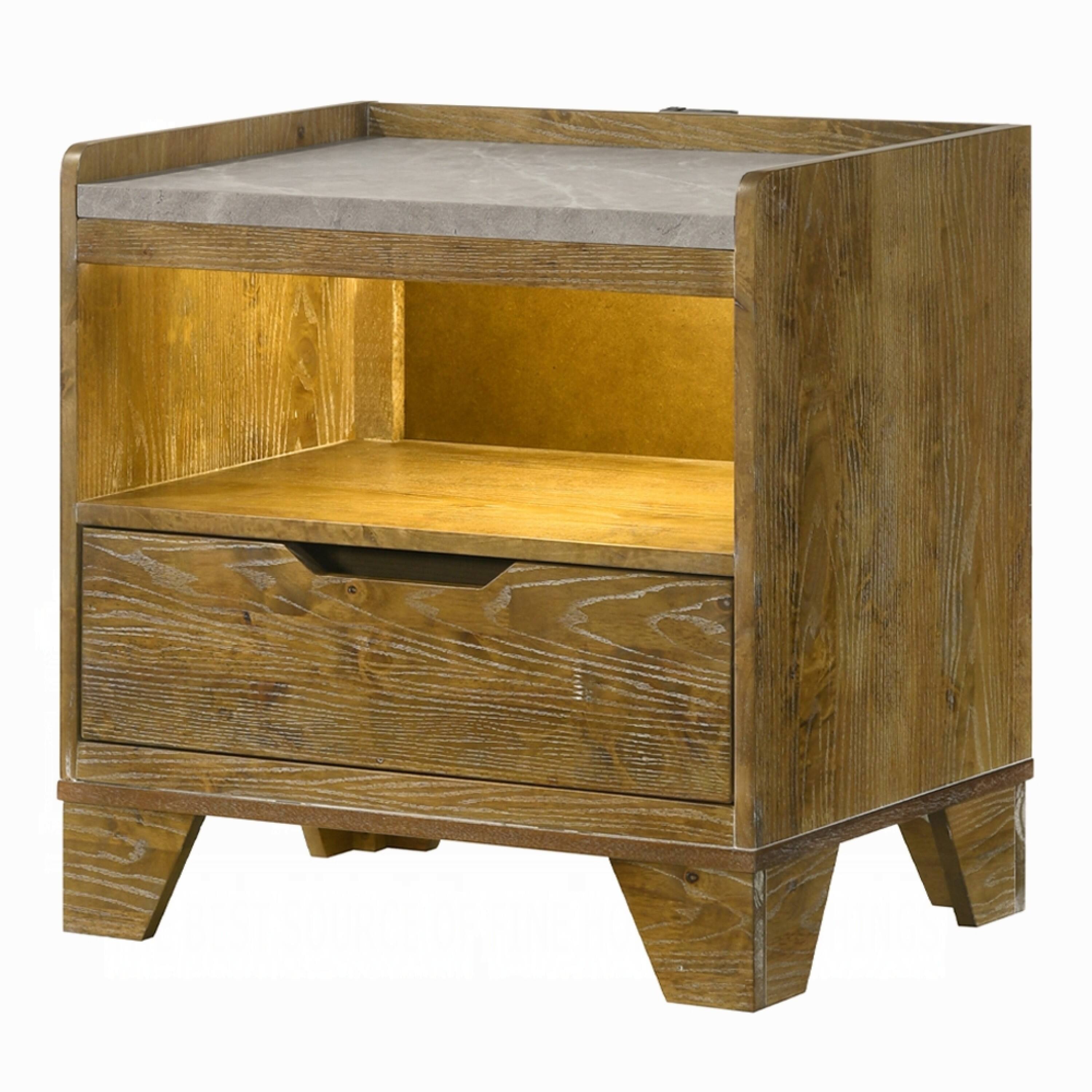 Front. Manhattan Lane - Gary Nightstand with LED, 1 Drawer and Open Cubby, Farmhouse - Light Aspen Brown.