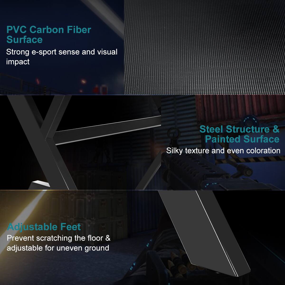 The text on the image is grouped as follows:

1. PVC Carbon Fiber Surface: Strong e-sport sense and visual impact
2. Steel Structure & Painted Surface: Silky texture and even coloration
3. Adjustable Feet: Prevent scratching the floor & adjustable for uneven ground