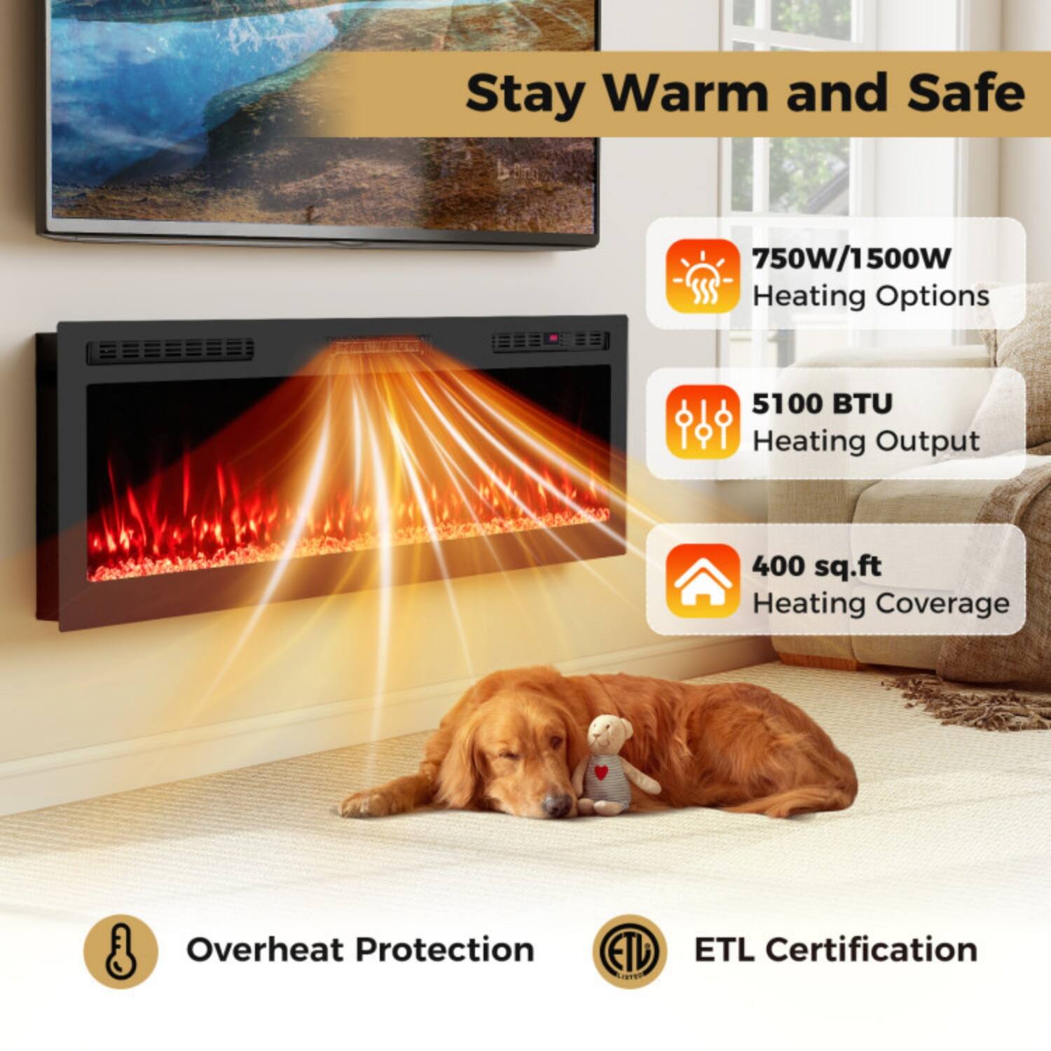 Stay Warm and Safe

- 750W/1500W Heating Options
- 5100 BTU Heating Output
- 400 sq.ft Heating Coverage
- Overheat Protection
- ETL Certification