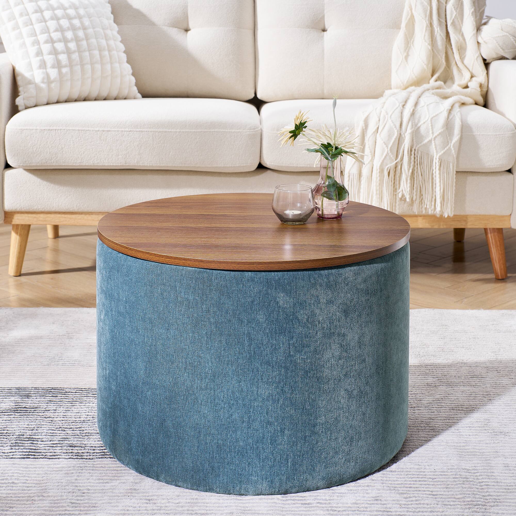 Alt View 2. GOODSILO - 2-Piece Round Storage Ottoman Set with Hidden Storage and Detachable Stool, Classic Design for Living Room and Bedroom - Dark Blue.
