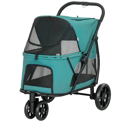 Front. Pawhut - Wheel Pet Stroller with Easy One-Click Quick Fold, Mesh Window, Washable Cushion, for Medium Dogs - Dark Green.