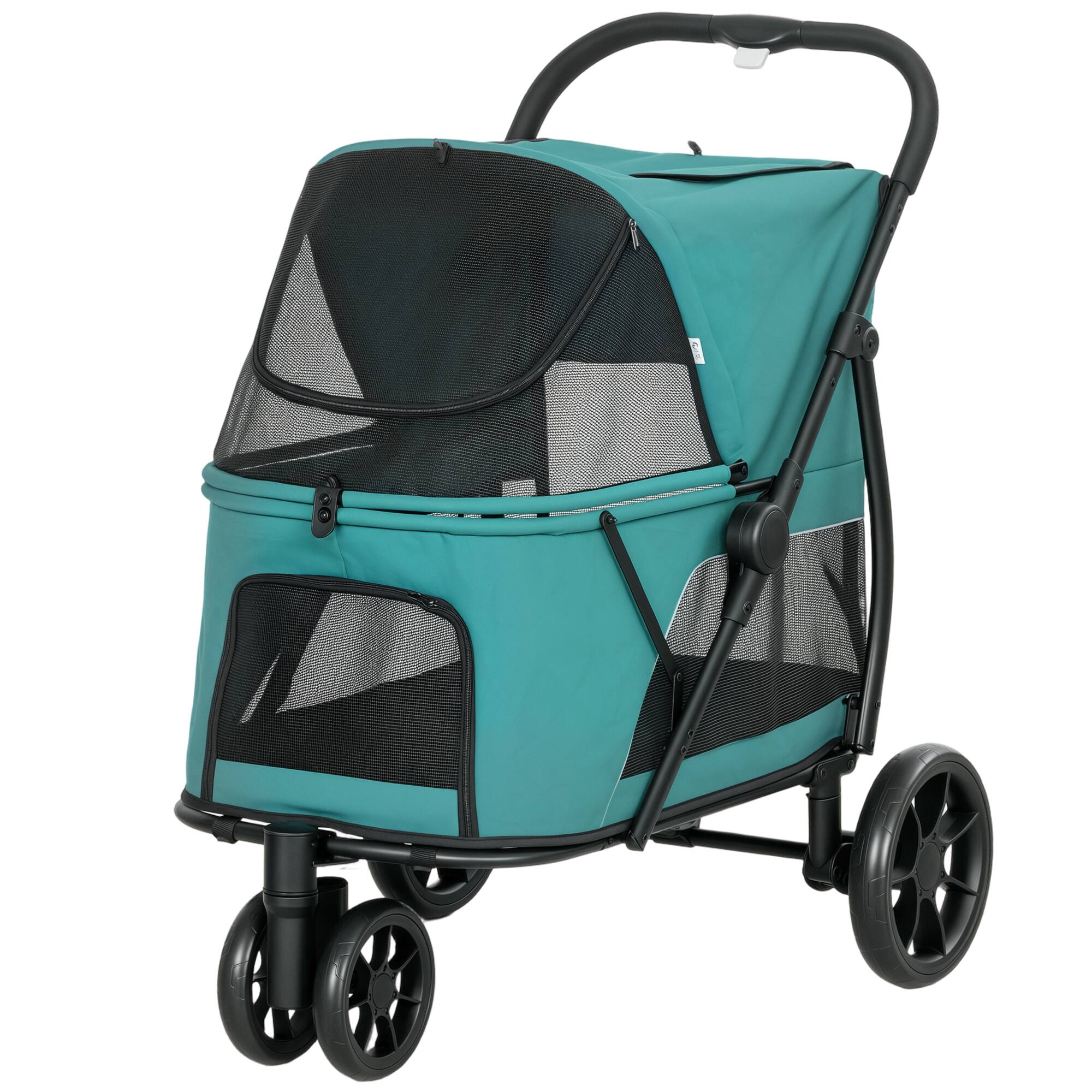 Front. Pawhut - Wheel Pet Stroller with Easy One-Click Quick Fold, Mesh Window, Washable Cushion, for Medium Dogs - Dark Green.