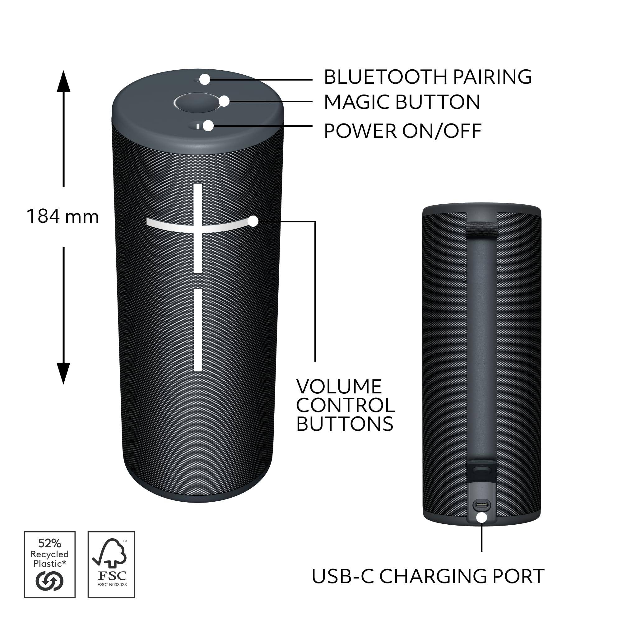 - Bluetooth Pairing Magic Button Power On/Off
- 184 mm
- Volume Control Buttons
- USB-C Charging Port
- 52% Recycled Plastic*
- FSC To No