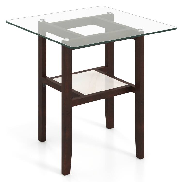 Front. SlickBlue - 2-Tier Square Glass Coffee Table with Storage Shelf for Living Room - Transparent, Brown.