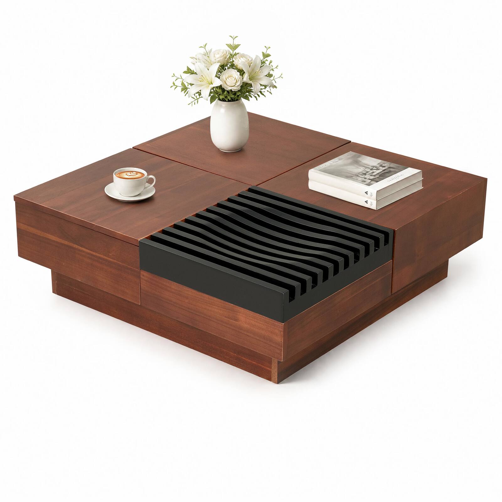 Alt View 1. Costway - Costway 32" Square Coffee Table with Storage Tray, Drawer, 2 Slide-open compartments - Walnut + Black.