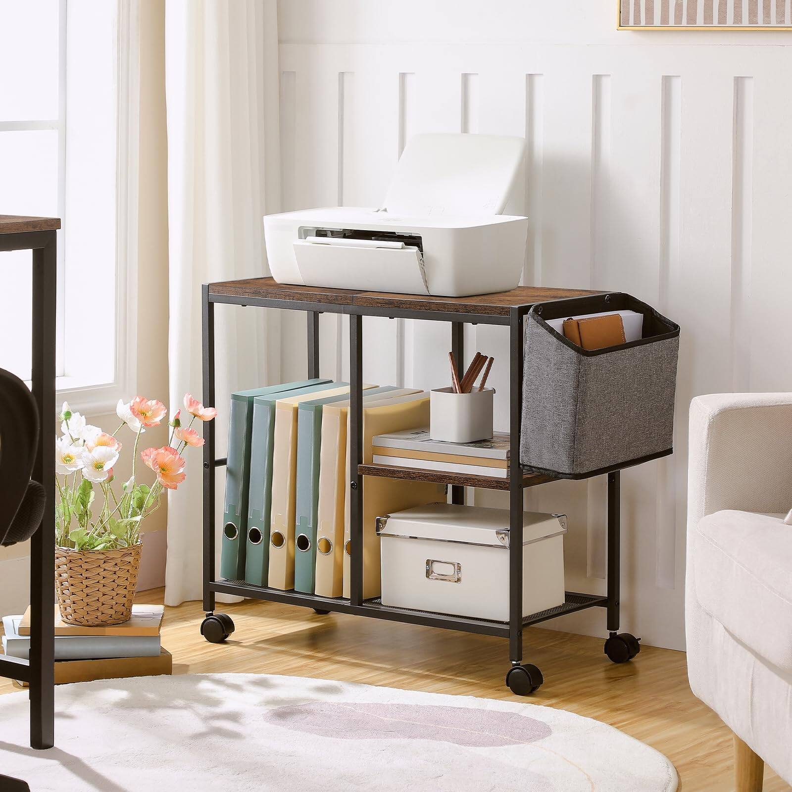 Alt View 5. Dazzling Pops - Printer Stand with Storage Bag, 3-Tier Mobile Under Desk Printer Cart with Wheels, Wood Rolling Printer Tab... - Black.