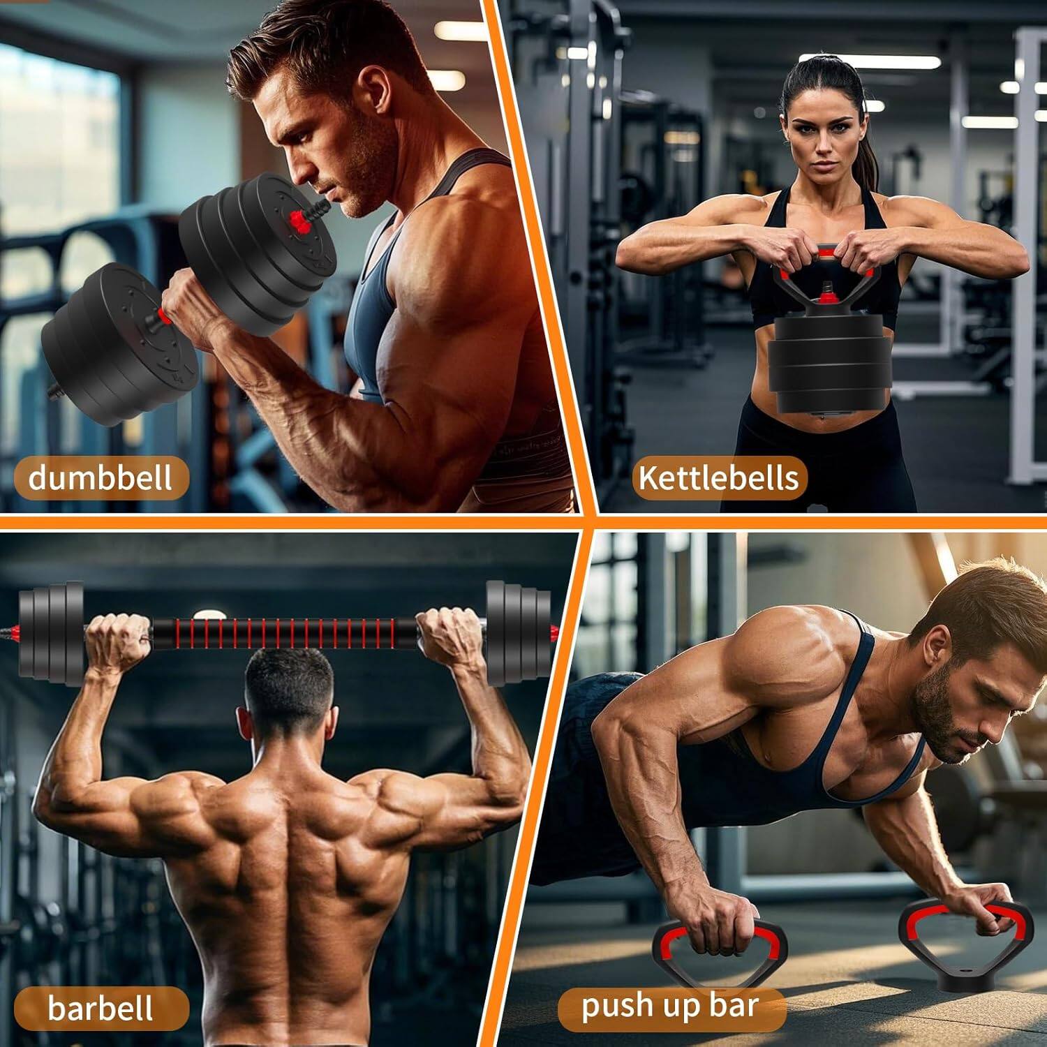 - dumbbell
- Kettlebells
- barbell
- push up bar