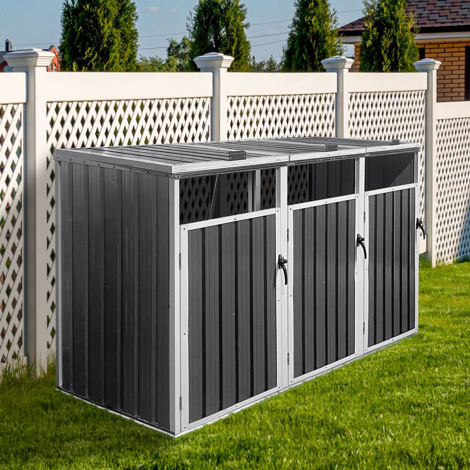 Back. Mondawe - 3 Trash Cans Metal Outdoor Bin Shed - White+gray.