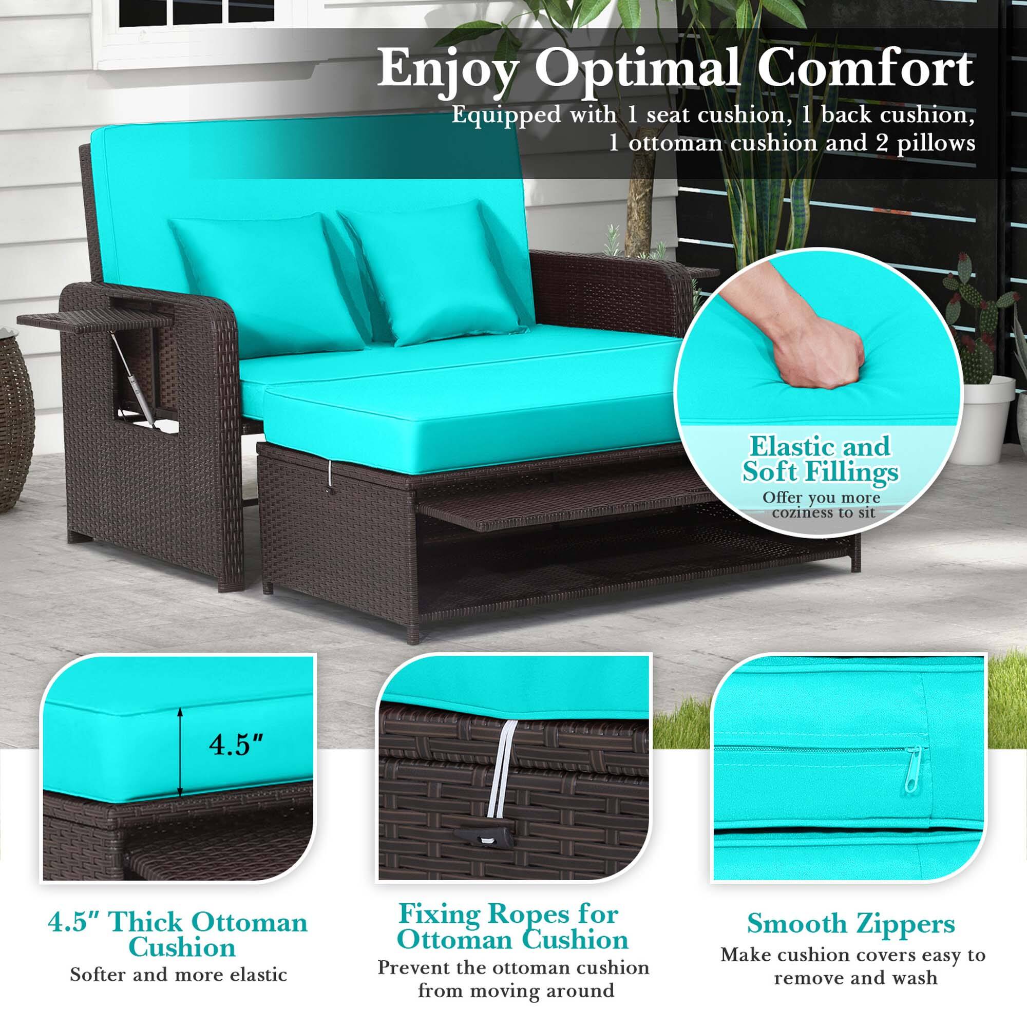 Enjoy Optimal Comfort: Equipped with 1 seat cushion, 1 back cushion, 1 ottoman cushion, and 2 pillows. Elastic and Soft Fillings: Offer you more coziness to sit. 4.5" 4.5" Thick Ottoman Cushion: Softer and more elastic. Fixing Ropes for Ottoman Cushion: Prevent the ottoman cushion from moving around. Smooth Zippers: Make cushion covers easy to remove and wash.
