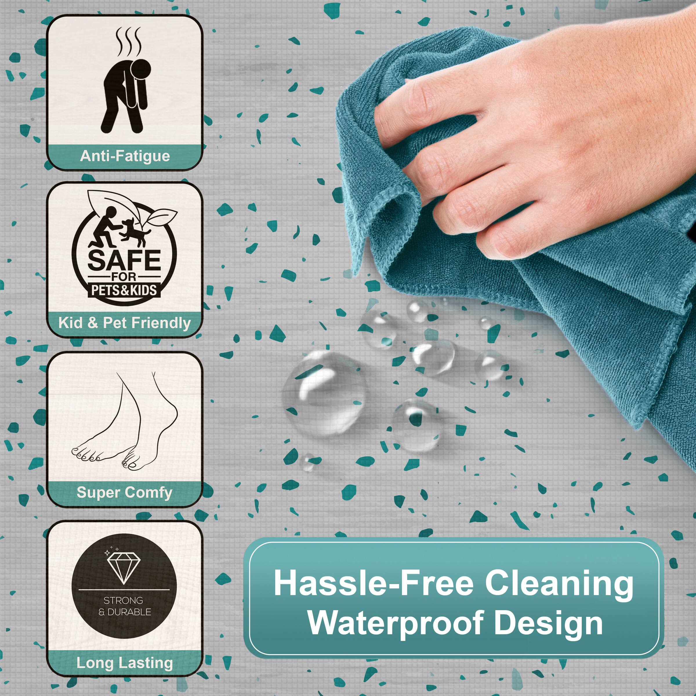 Anti-Fatigue  
SAFE FOR PETS&KIDS  
Kid & Pet Friendly  
Super Comfy  
STRONG & DURABLE  
Long Lasting  
Hassle-Free Cleaning Waterproof Design