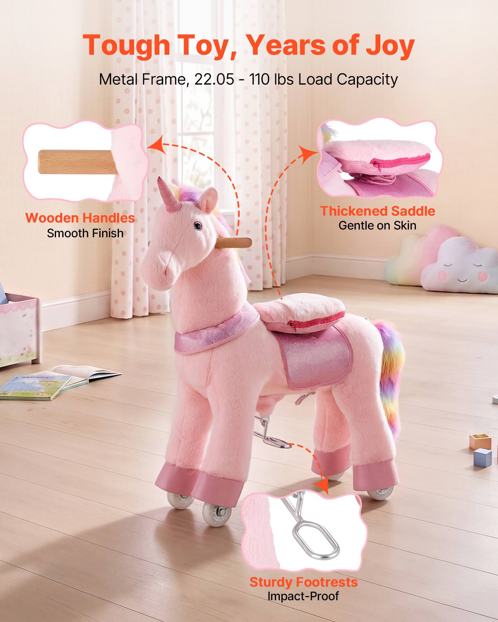 Tough Toy, Years of Joy  
Metal Frame, 22.05 - 110 lbs Load Capacity  
Wooden Handles Smooth Finish  
Thickened Saddle Gentle on Skin  
Sturdy Footrests Impact-Proof