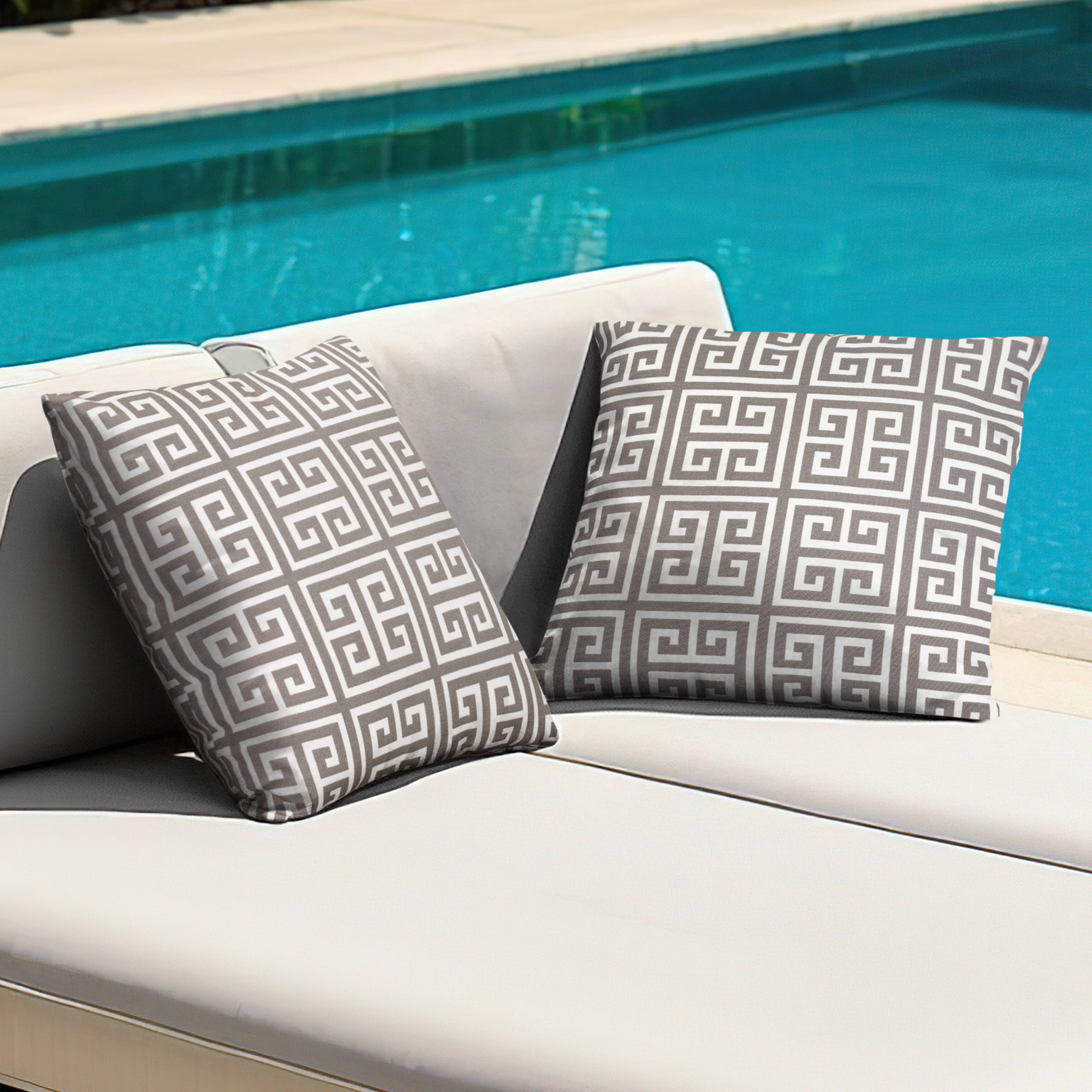 Left. Nuu Garden - Outdoor Patio Water-Resistant Throw Pillows Set of 2 - Meander Pattern.