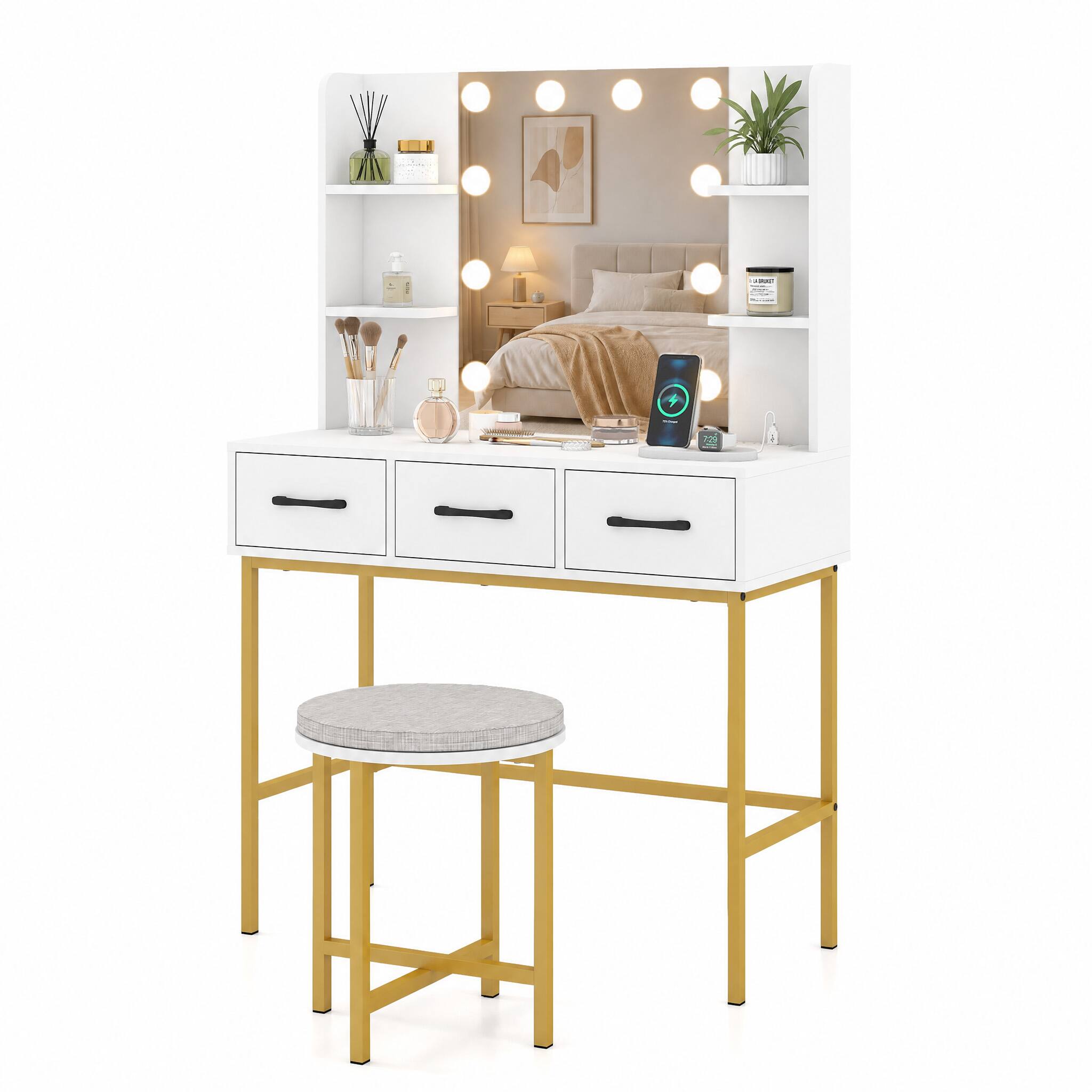 Left. WELLFOR - Makeup Vanity Desk with Lighted Mirror & Charging Station, Dressing Table with 3 Drawers, Modern Vanity Set with Stool - White.