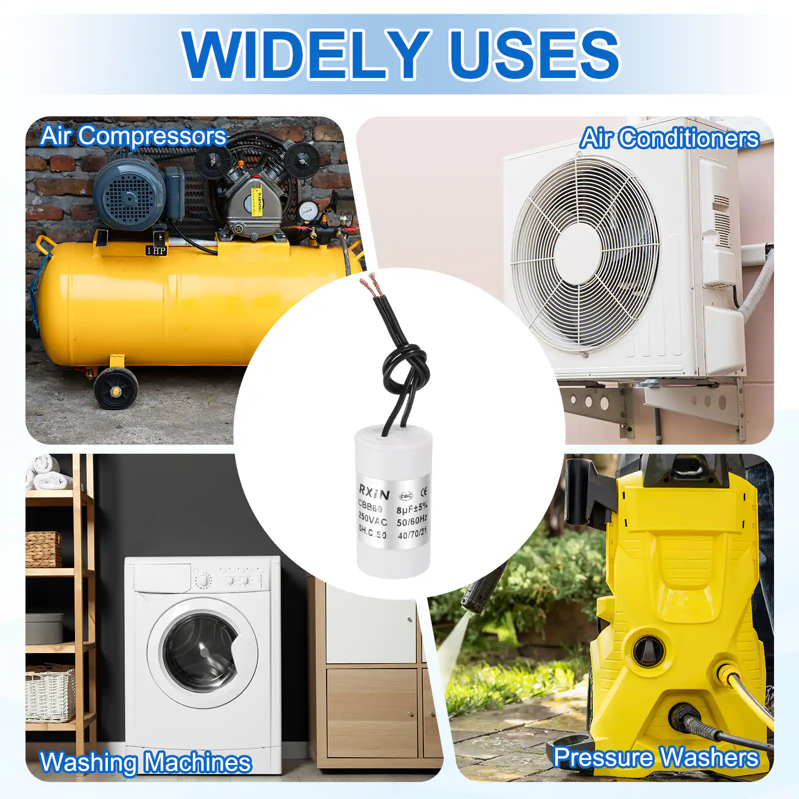 WIDELY USES

- Air Compressors
- Air Conditioners
- Washing Machines
- Pressure Washers

RXIN DE 60 8uF 15% 400VAC 50/60Hz TH.C.SO 40/702