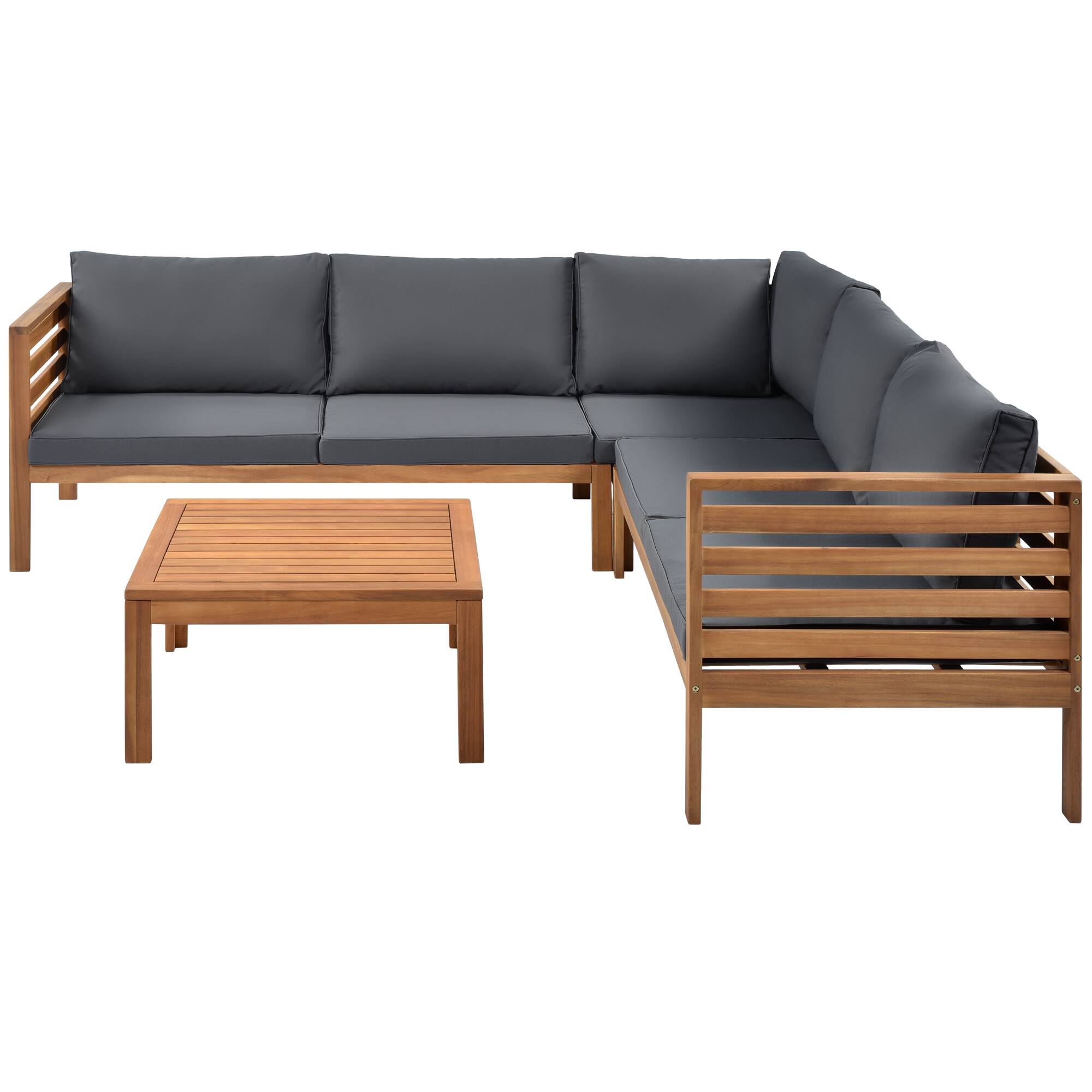 Back. Whisen - Acacia Wood Outdoor Sofa Set with Coffee Table, Modular Patio Seating for Garden, Balcony, Gazebo - Gray.