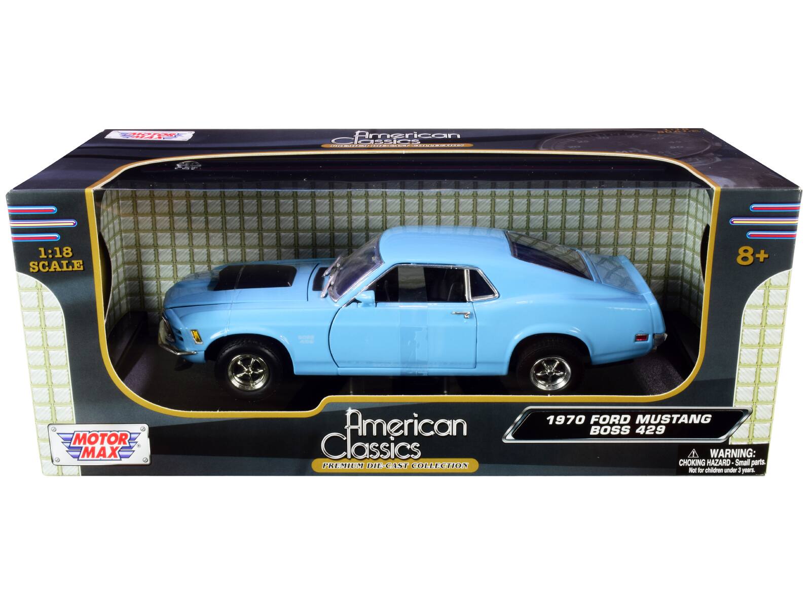 American Classics  
PREMIUM DIE-CAST COLLECTION  

1:18 SCALE  

MOTOR MAX  

1970 FORD MUSTANG BOSS 429  

WARNING: CHOKING HAZARD - Small parts. Not for children under 3 years.  

8+
