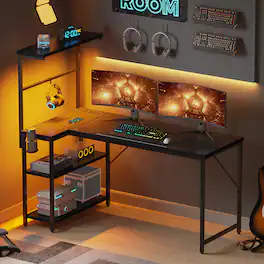 RSPGAME - 51.7 in. L-Shaped Gaming Desk with Power Outlets, Carbon Fiber Computer Desk with Storage Shelves - Black