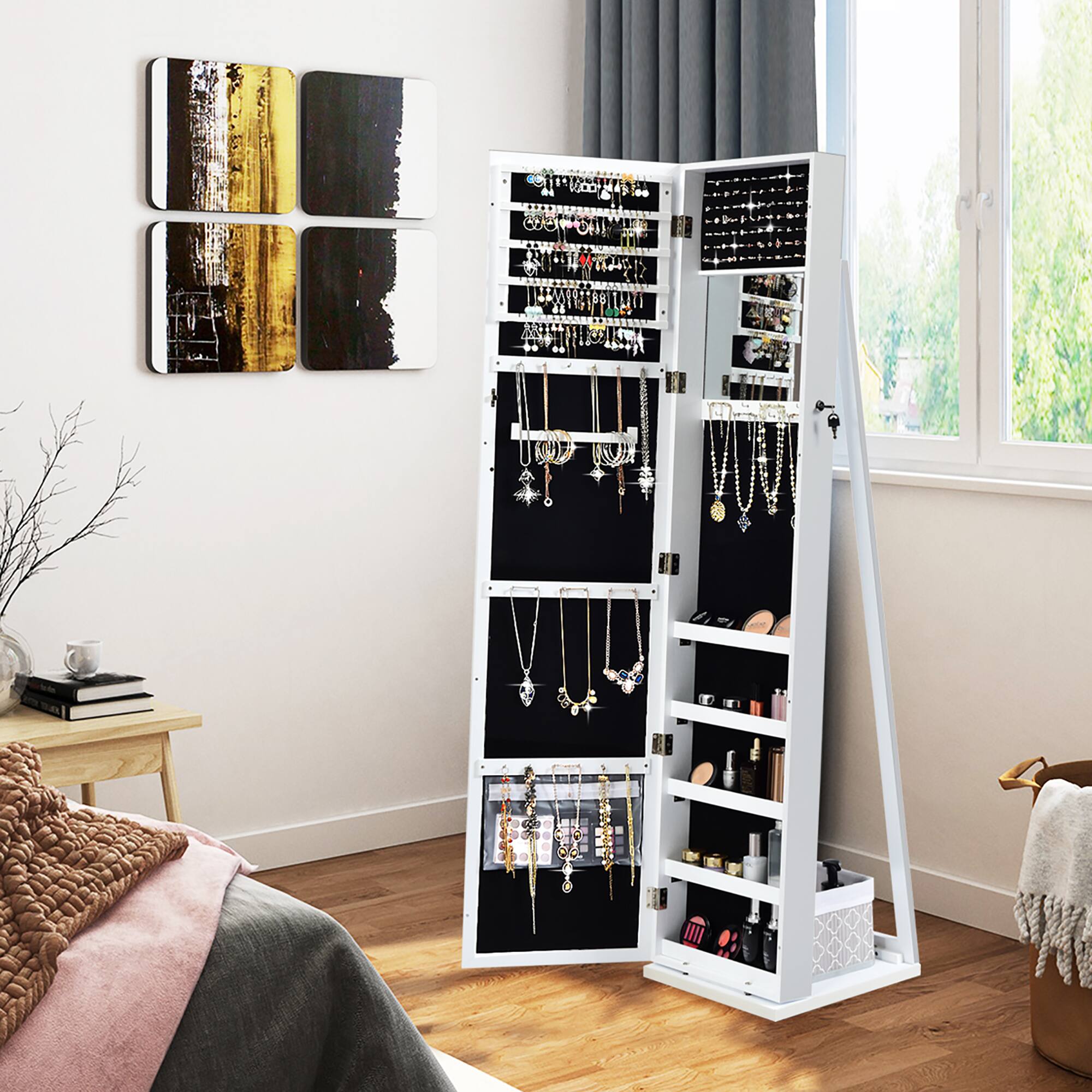 The image features a white jewelry organizer with multiple shelves, holding various necklaces and other jewelry items. The organizer is placed in a room with a bed, a bookshelf, and a window. The room also has a potted plant and a vase, adding to the overall decor. The jewelry organizer is a functional and stylish addition to the space, providing a convenient way to store and display the jewelry collection.