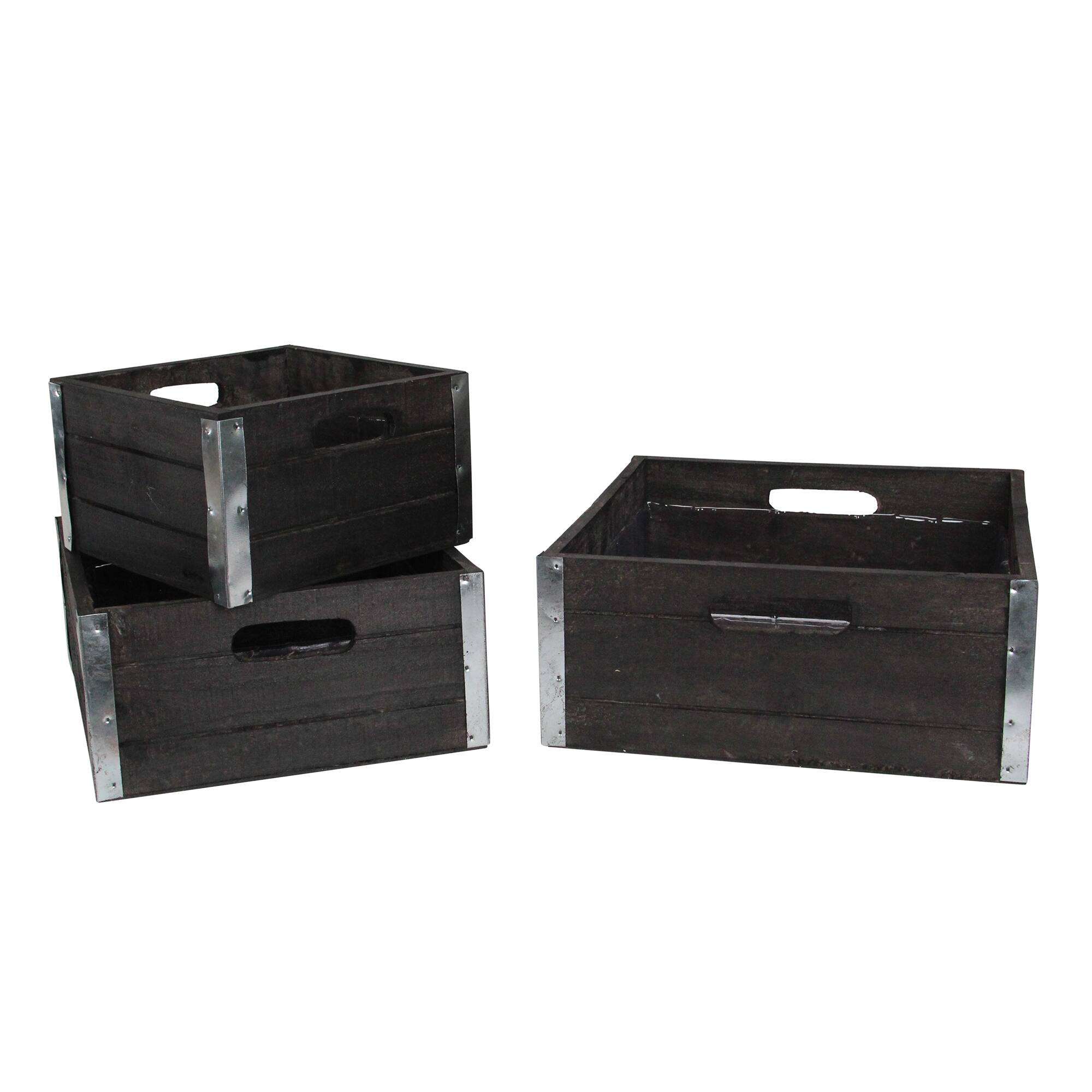 Front. GCI - Set of 3 Brown and Silver Solid Square Nesting Wood Crates 11" - Brown.