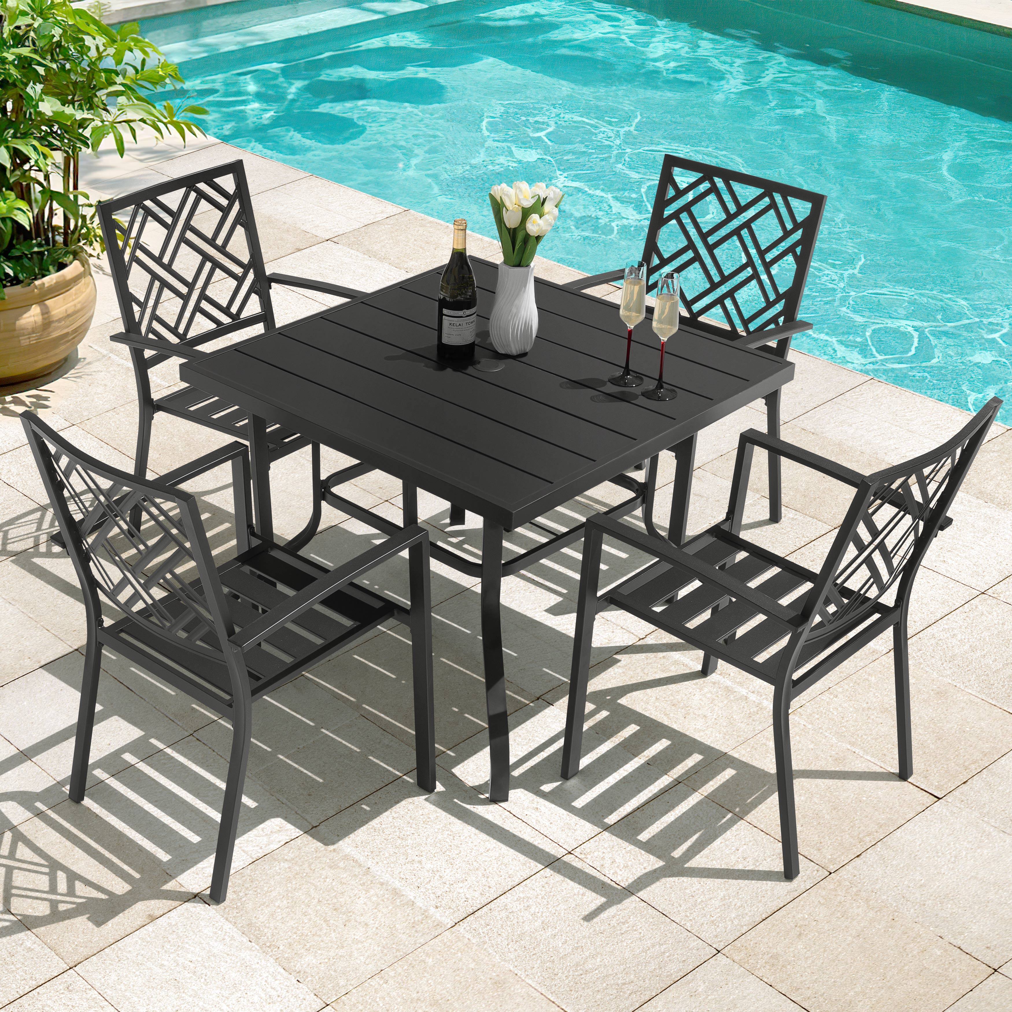 Left. Nuu Garden - 5-Piece Metal Square Outdoor Dining Set, 37 Inch Square Table with 1.6'' Umbrella Hole and 4 Stackable Chairs - Black.
