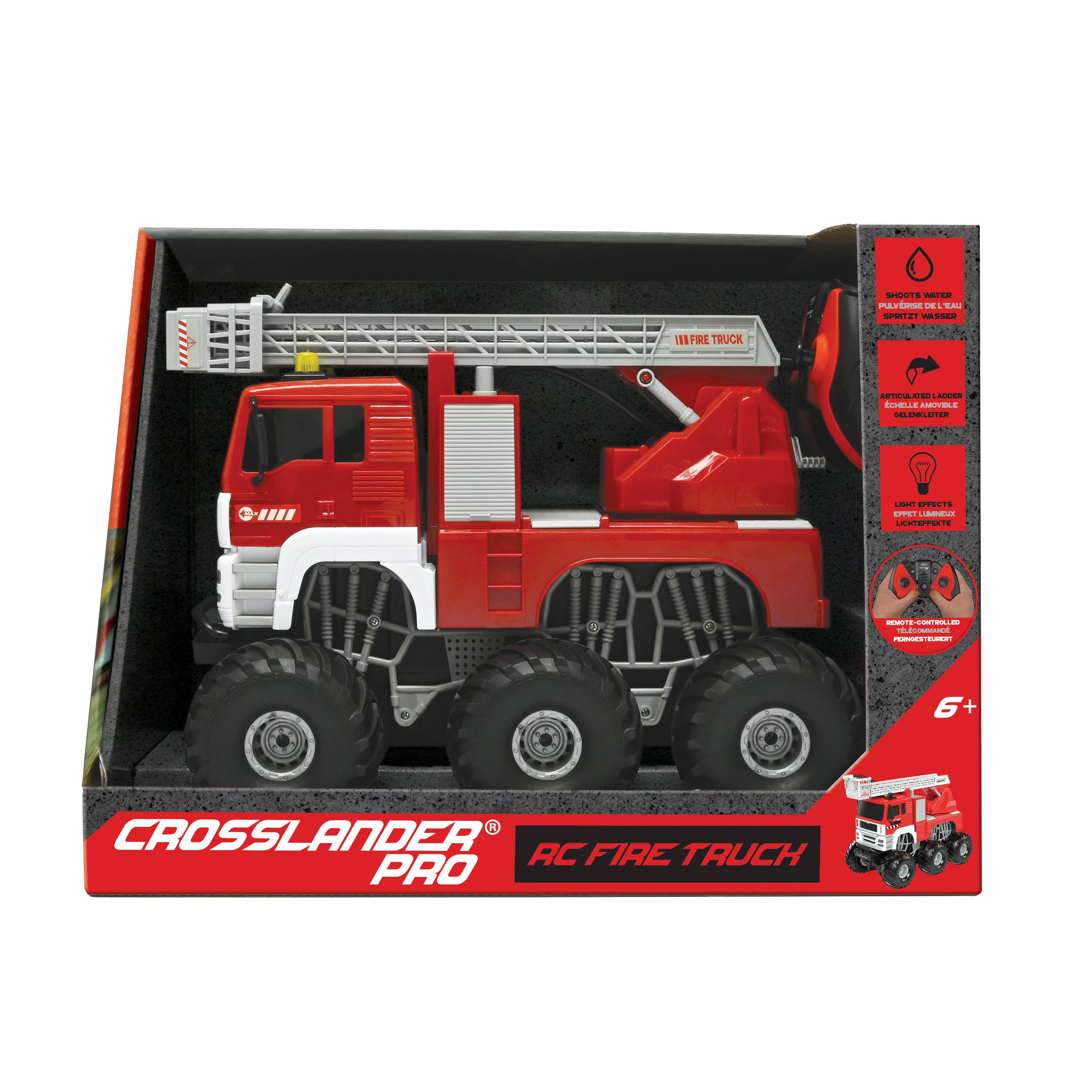 SHOOTS WATER  
PULVRISE DE YEALJ  
SPRITZT WASSER  

IIIFIRE TRUCK  
ARTICULATED LADDER  
CHELLE AMOVELE  
GELENKLEITER  

IIII  
LIGHT EFFECTS  
EPPET LUMINIDEX  
LICHEPPEXTE  

REMOTE-CONTROLLED  
TLCOMMANDE  
PERNGESTEURENT  

6+  
CROSSLANDER RC FIRE TRUCK PRO
