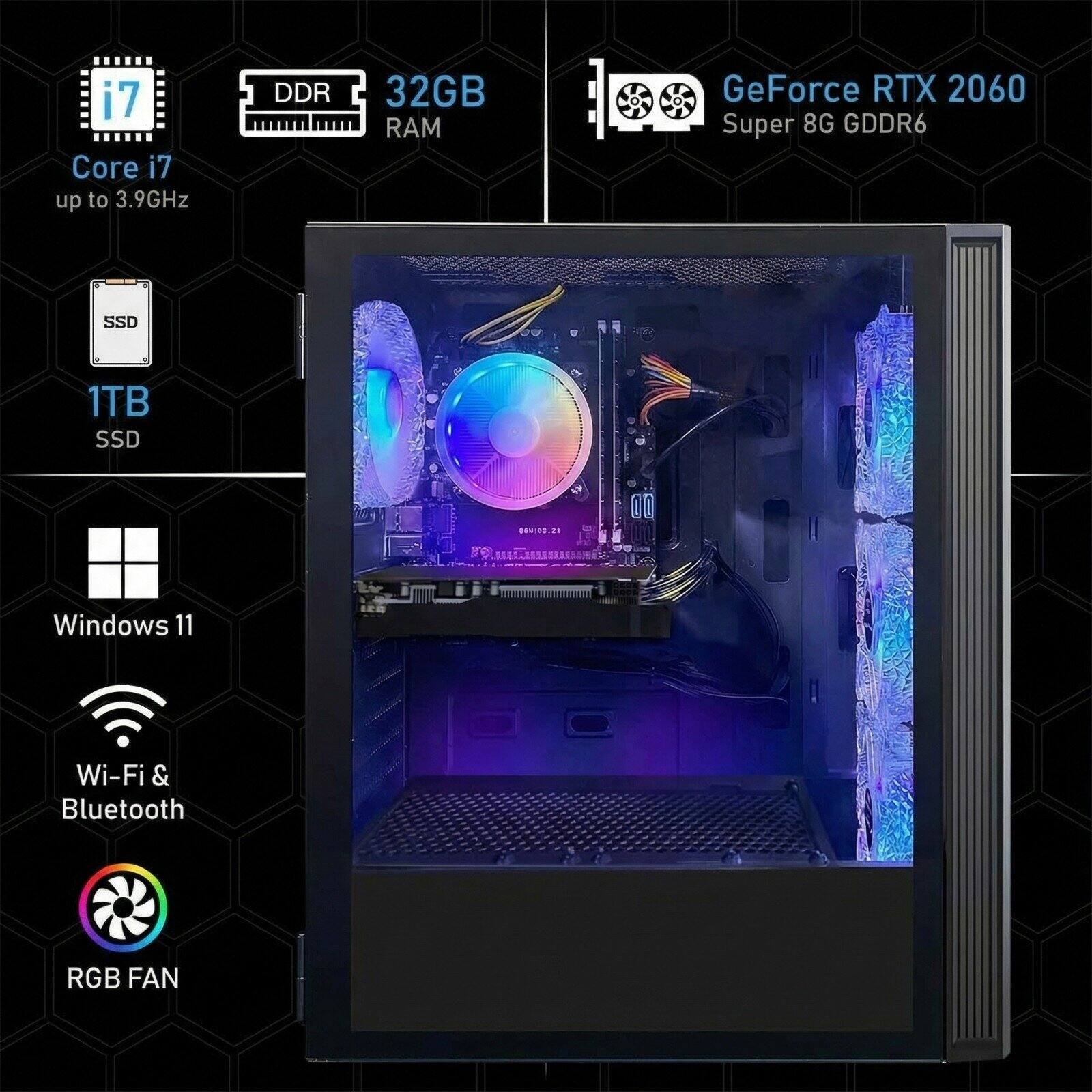 i7 Core i7 up to 3.9GHz DDR 32GB RAM GeForce RTX 2060 Super 8G GDDR6 SSD 1TB SSD Windows 11 Wi-Fi & Bluetooth RGB FAN
