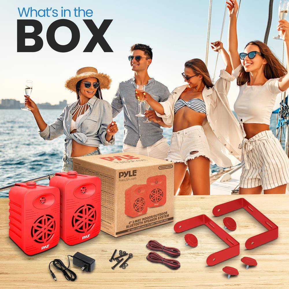 What's in the BOX

PYLE PyleUSA.com

PYLE 4" 2-WAY INDOOR/OUTDOOR SPEAKER SYSTEM - 4 BLUETOOTH
