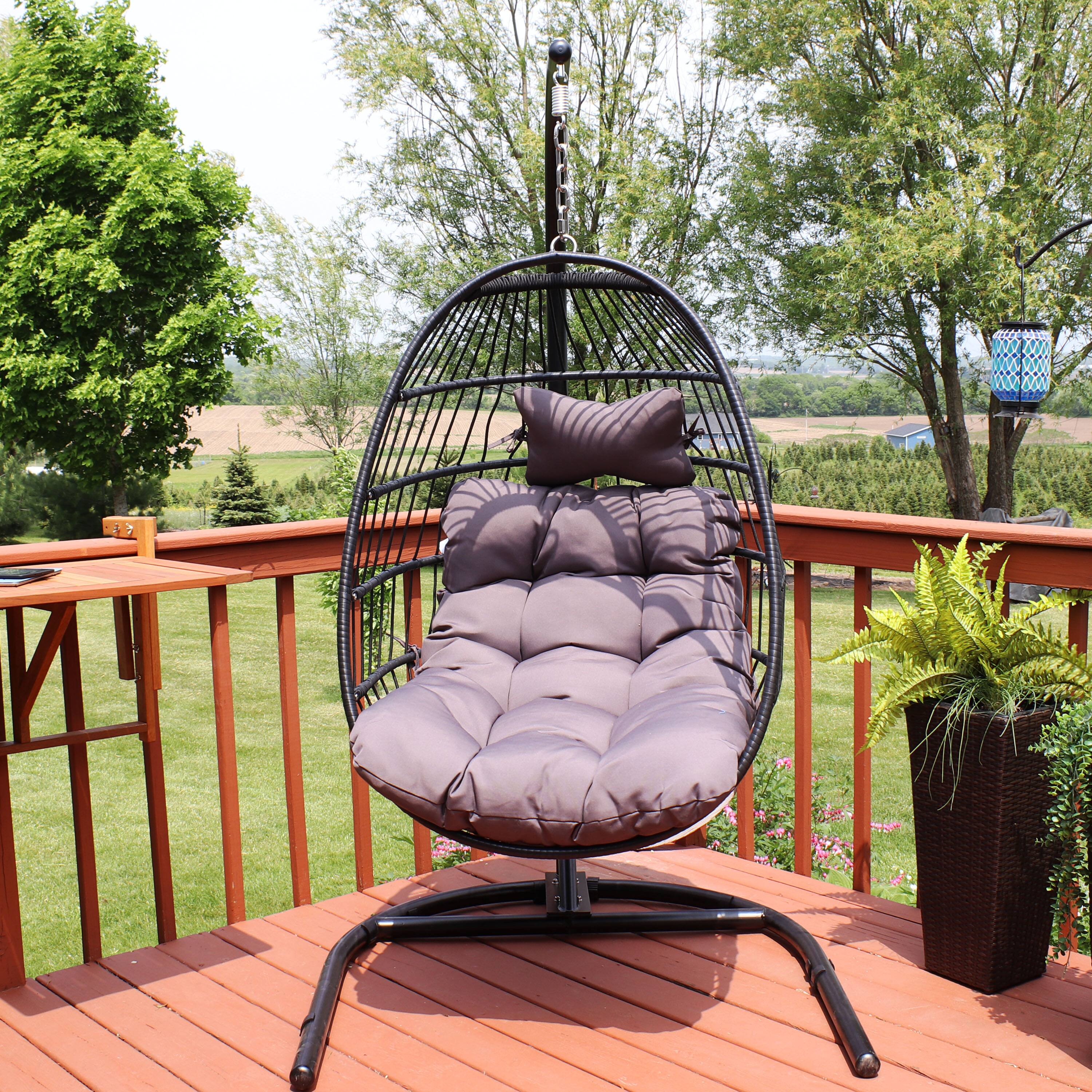 Alt View 3. Sunnydaze - Resin Wicker Hanging Egg Chair with Steel Stand/Cushions - Gray.
