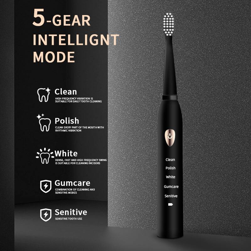 5-Gear Intelligent Mode

Clean  
High frequency vibration is suitable for daily tooth cleaning

Polish  
Clean every part of the mouth with rhythmic vibration

White  
Dense, fast, and high-frequency swing is suitable for cleaning incisors

Gumcare  
Combination of cleaning and sensitive modes

Sensitive  
Sensitive tooth use