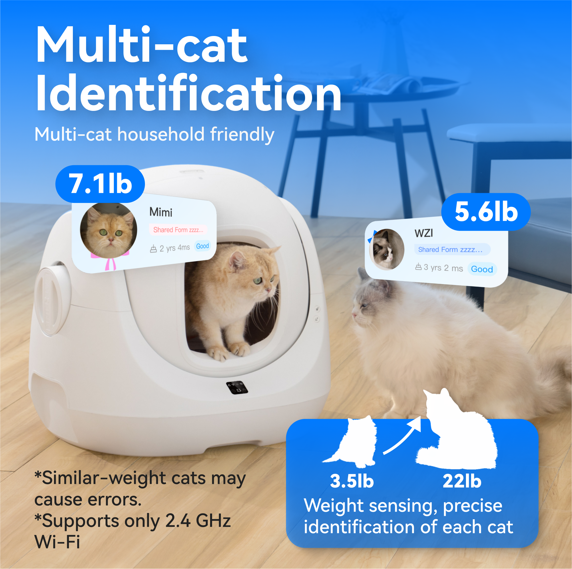 Multi-cat Identification  
Multi-cat household friendly  

7.1lb  
Mimi  
Shared Form zzz...  
2 yrs 4 mns  
Good  

5.6lb  
WZI  
Shared Form zzz...  
3 yrs 2 mns  
Good  

*Similar-weight cats may cause errors.  
*Supports only 2.4 GHz Wi-Fi  

3.5lb  
22lb  
Weight sensing, precise identification of each cat