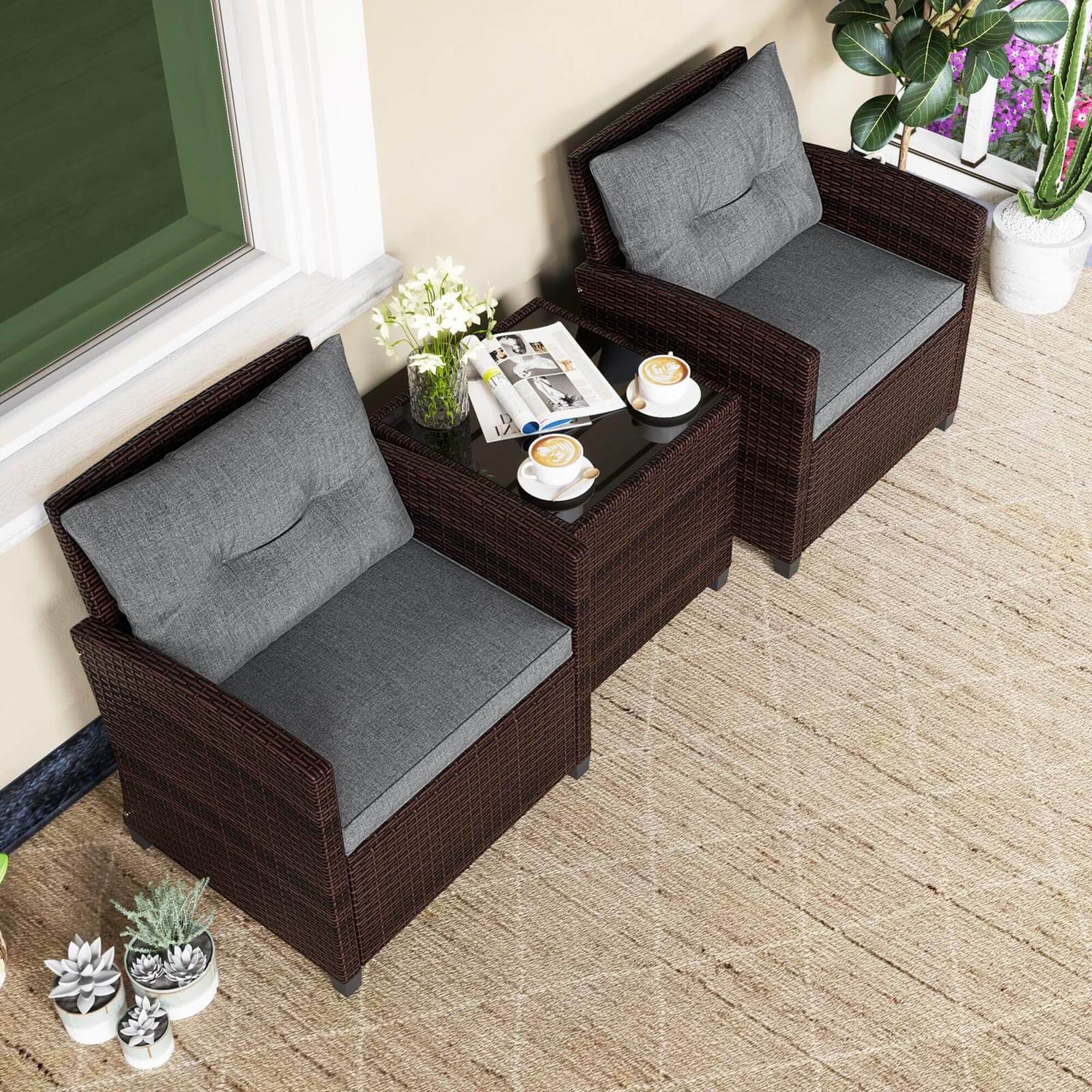 Alt View 4. Costway - 3 PCS Patio Rattan Furniture Set Cushioned Conversation Set Sofa - Gray.