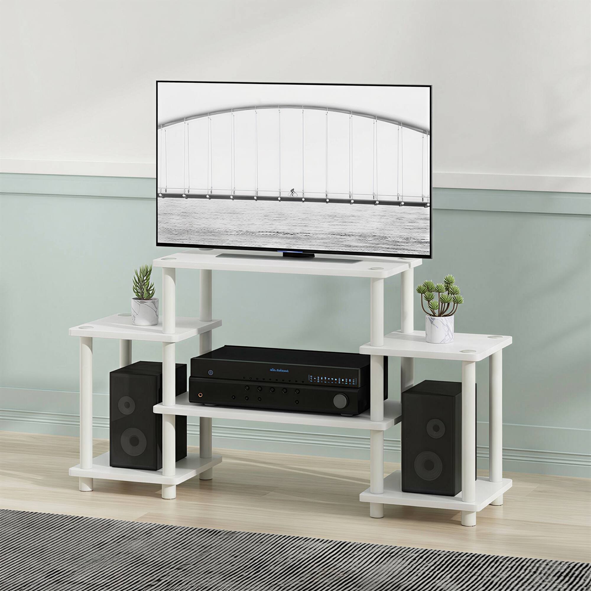Alt View 1. Furinno - TURN-N-TUBE TV Stand, Entertainment Center with Open Shelves for TV up to 32 Inch, Toolless TV Console with Raised Top - White/White.