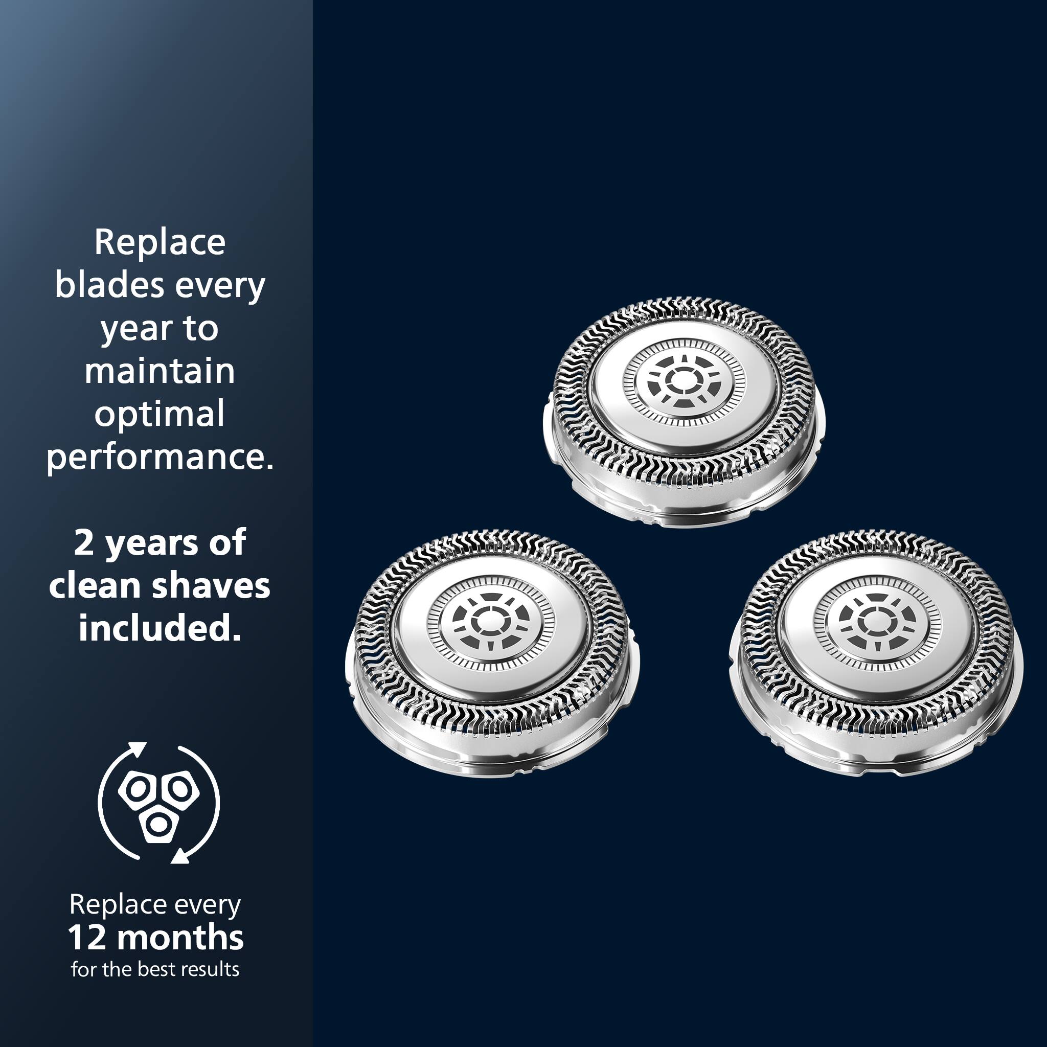 Replace blades every year to maintain optimal performance.

2 years of clean shaves included.

Replace every 12 months for the best results.
