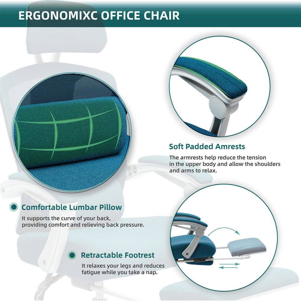 ERGONOMIXC OFFICE CHAIR

- Soft Padded Armrests
  The armrests help reduce the tension in the upper body and allow the shoulders and arms to relax.

- Comfortable Lumbar Pillow
  It supports the curve of your back, providing comfort and relieving back pressure.

- Retractable Footrest
  It relaxes your legs and reduces fatigue while you take a nap.