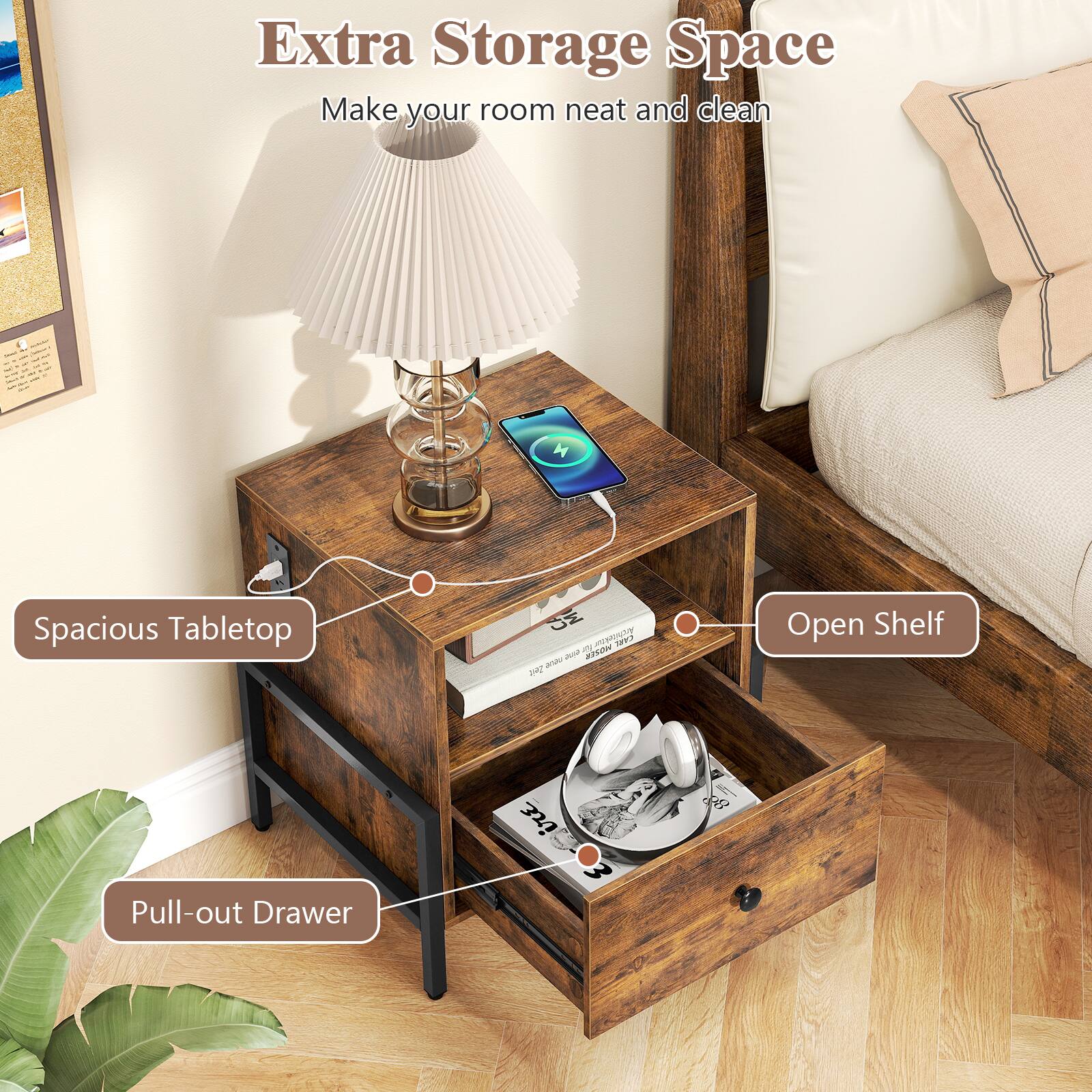 Extra Storage Space  
Make your room neat and clean  

- Spacious Tabletop  
- Open Shelf  
- Pull-out Drawer