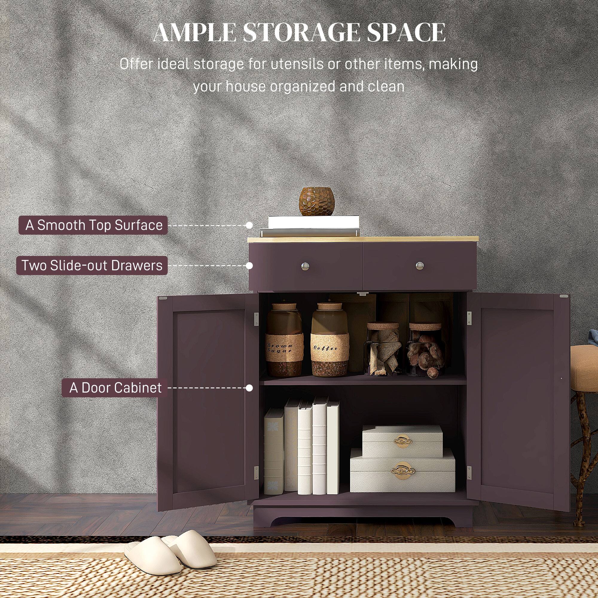 AMPLE STORAGE SPACE
A Smooth Top Surface
Two Slide-out Drawers
A Door Cabinet