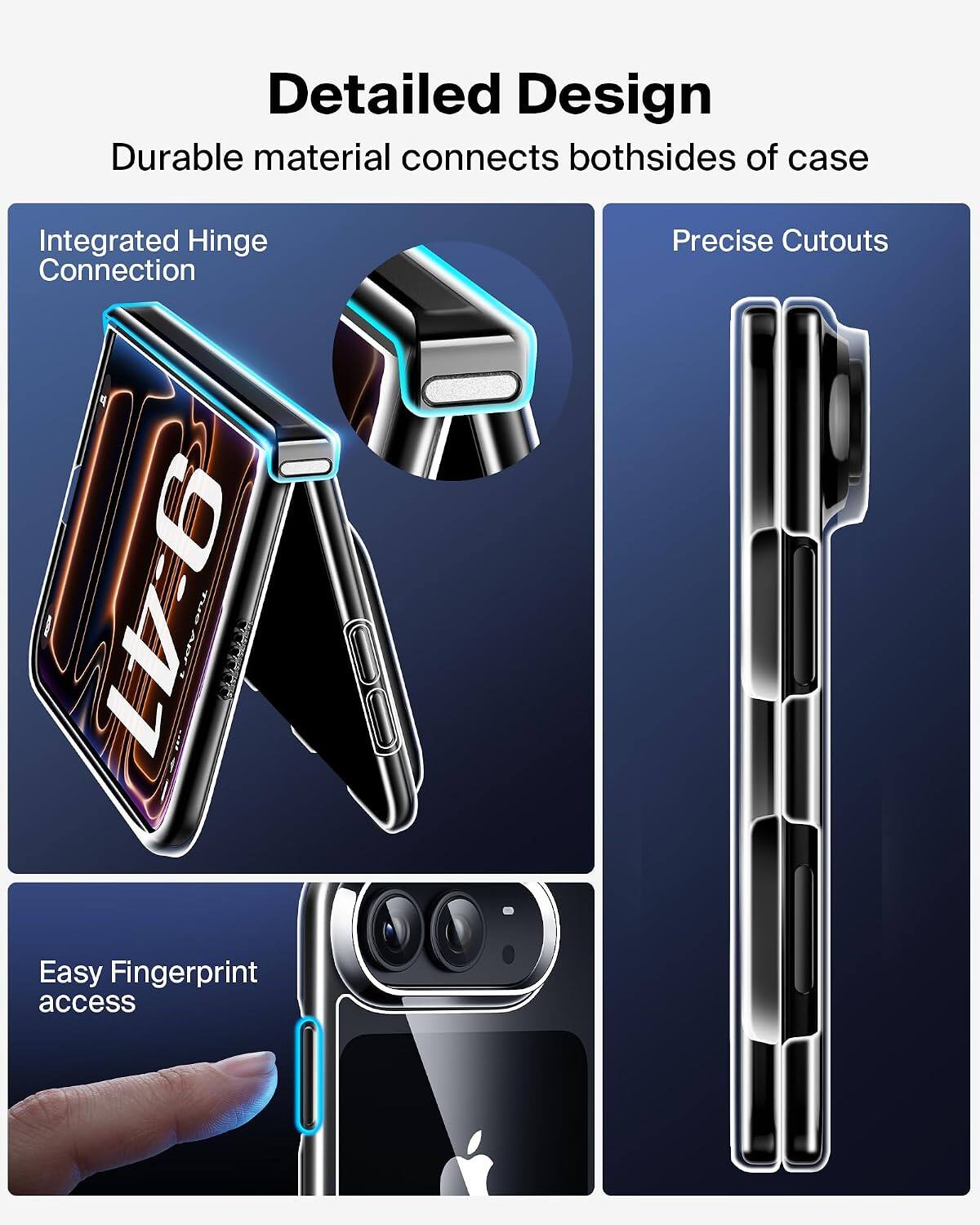 Detailed Design  
Durable material connects both sides of case  
Integrated Hinge Connection  
Precise Cutouts  
Easy Fingerprint access