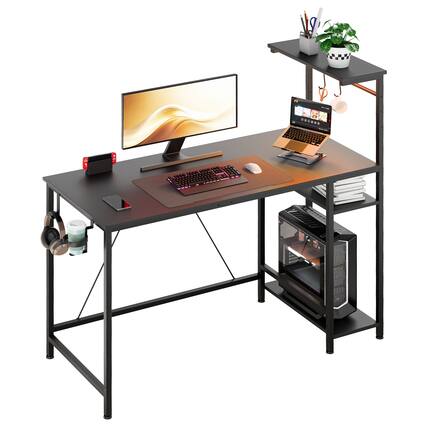 Front. Comhoma - RGB Office Desk Reversible Executive Desk 4-Tier Storage with LED Lighting,Hooks and Cup Holder - Black.