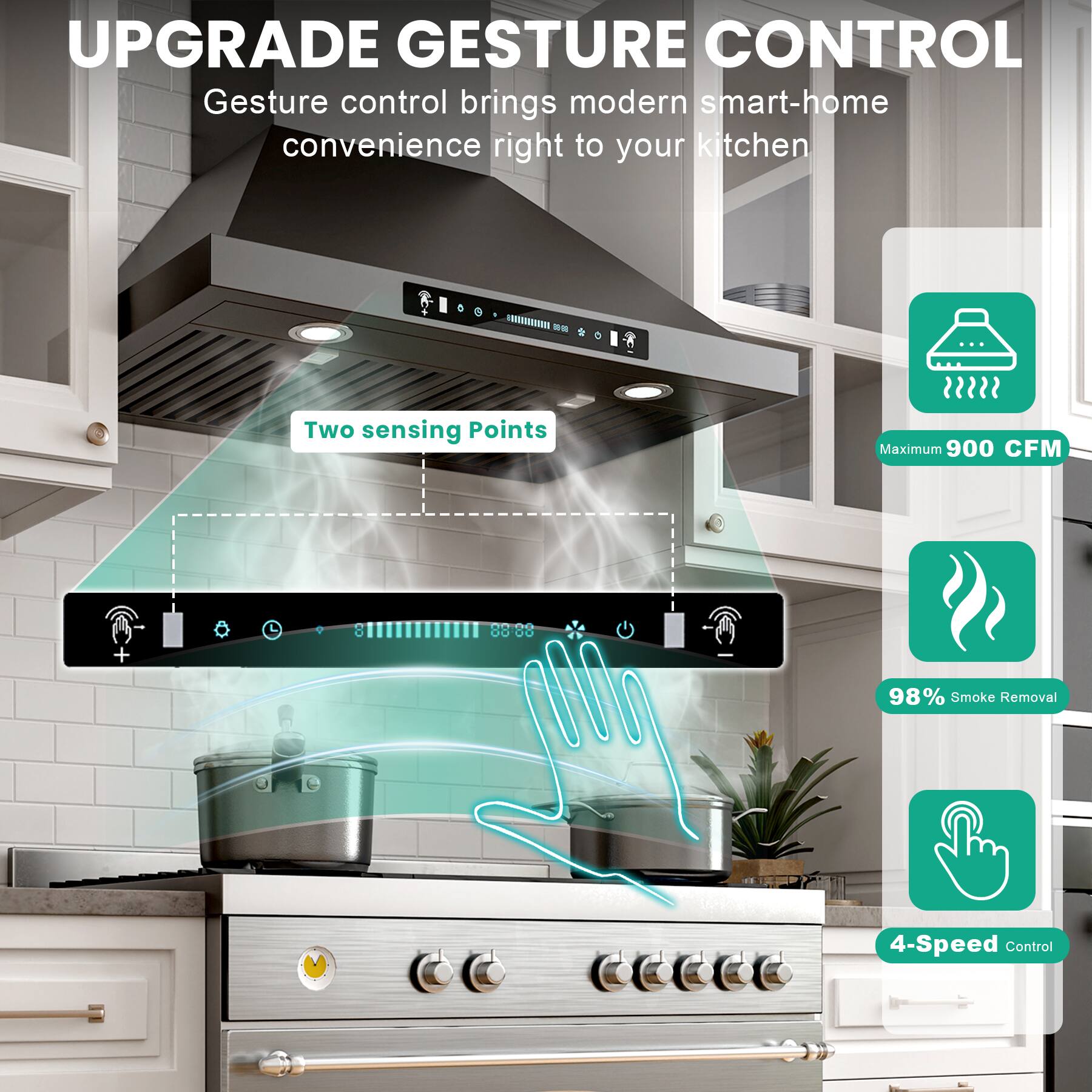 UPGRADE GESTURE CONTROL  
Gesture control brings modern smart-home convenience right to your kitchen  

- Two sensing Points  
- Maximum 900 CFM  
- 98% Smoke Removal  
- 4-Speed Control