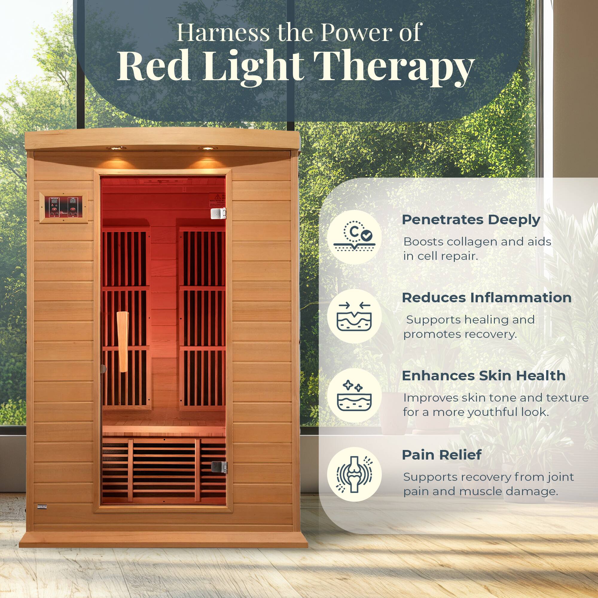 Harness the Power of Red Light Therapy

- Penetrates Deeply
  - Boosts collagen and aids in cell repair.

- Reduces Inflammation
  - Supports healing and promotes recovery.

- Enhances Skin Health
  - Improves skin tone and texture for a more youthful look.

- Pain Relief
  - Supports recovery from joint pain and muscle damage.