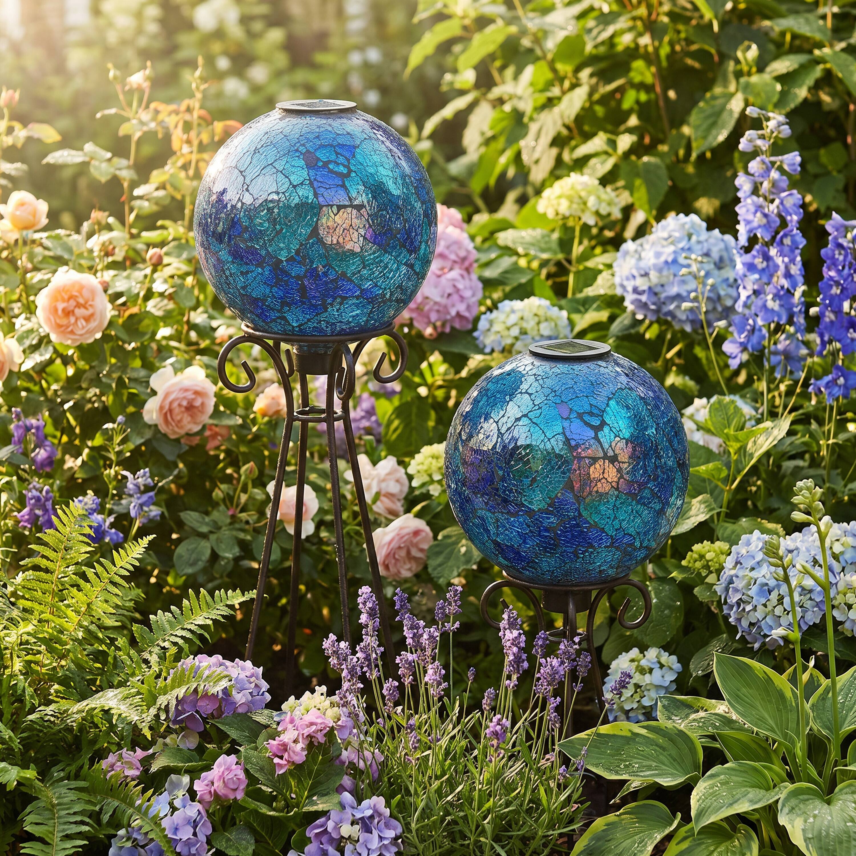 Alt View 5. Sunnydaze - Mosaic Gazing Ball with Solar Light - 10 in - 2pk - Deep Ocean Swirl.