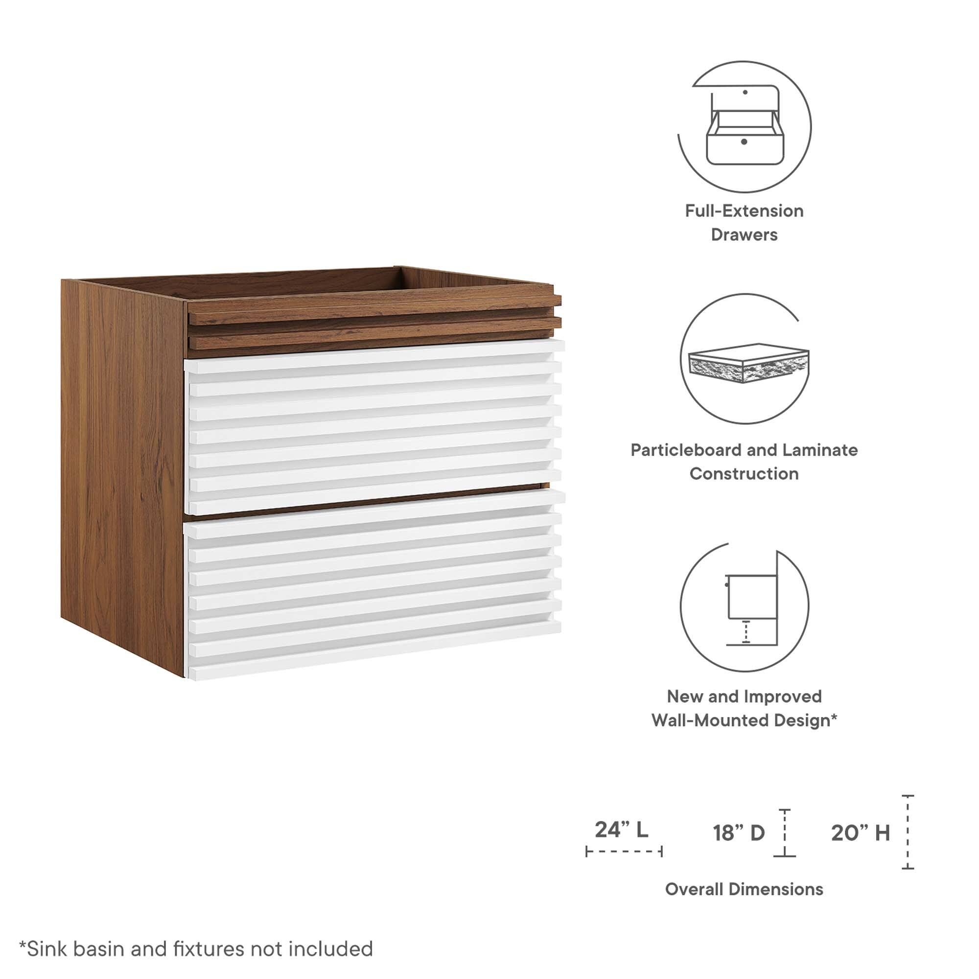 Full-Extension Drawers  
Particleboard and Laminate Construction  
New and Improved Wall-Mounted Design*  

24" L x 18" D x 20" H  
Overall Dimensions  

*Sink basin and fixtures not included