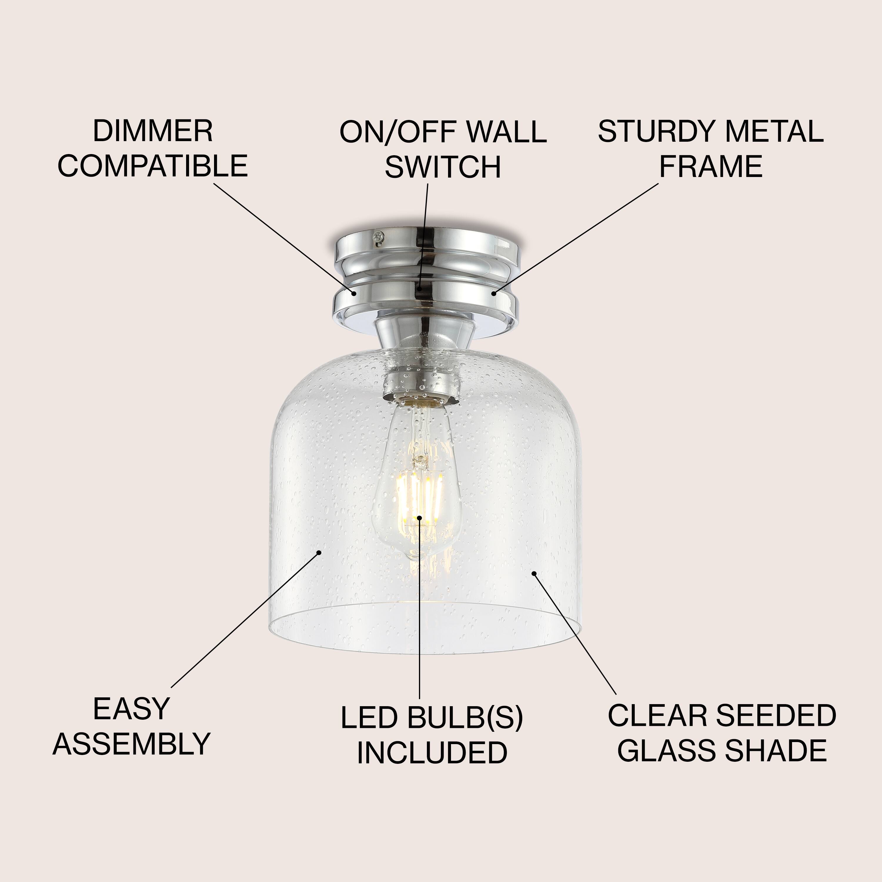 DIMMER COMPATIBLE  
ON/OFF WALL SWITCH  
STURDY METAL FRAME  
EASY ASSEMBLY  
LED BULB(S) INCLUDED  
CLEAR SEEDED GLASS SHADE