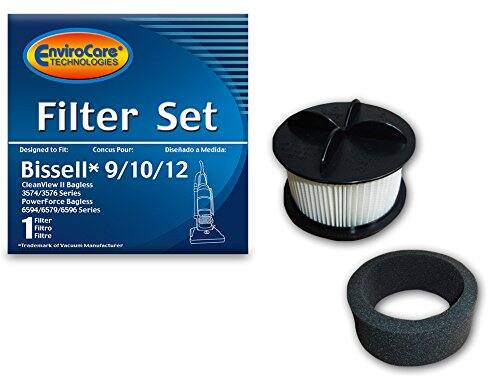 EnviroCare Technologies Filter Set  
Designed to Fit:  
Bissell* 9/10/12  
CleanView II Bagless  
3574/3576 Series  
PowerForce Bagless  
6594/6579/6596 Series  

Conçu Pour:  
Bissell* 9/10/12  
CleanView II Bagless  
3574/3576 Série  
PowerForce Bagless  
6594/6579/6596 Série  

1 Filtre  
1 Filtre  
1 Filtre  

*Trademark of Vacuum Manufacturer