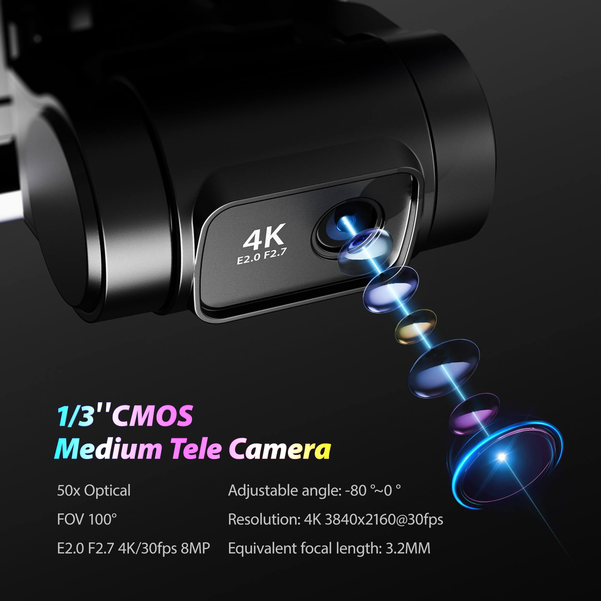 4K F2.7 E2.0
1/3" CMOS Medium Tele Camera
50x Optical
FOV 100°
Adjustable angle: -80° ~ 0°
Resolution: 4K 3840x2160@30fps
E2.0 F2.7 4K/30fps 8MP
Equivalent focal length: 3.2MM