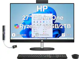 HP - Upgraded - 27 All-in-One 27 FHD (AMD Ryzen 7 7730U, 32GB DDR4, 2TB PCIe SSD, AMD Radeon, Win 11 Pro) w/USB Hub - Jet Black